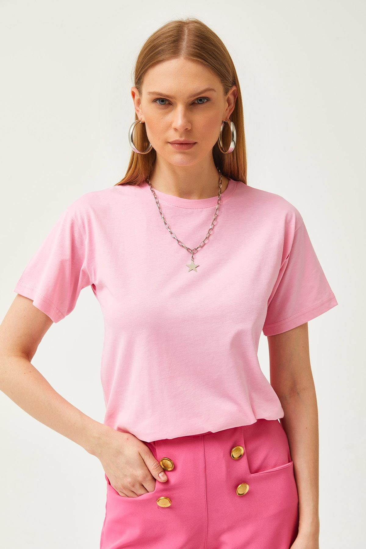 Bisiklet Yaka Basic Tişört Pembe