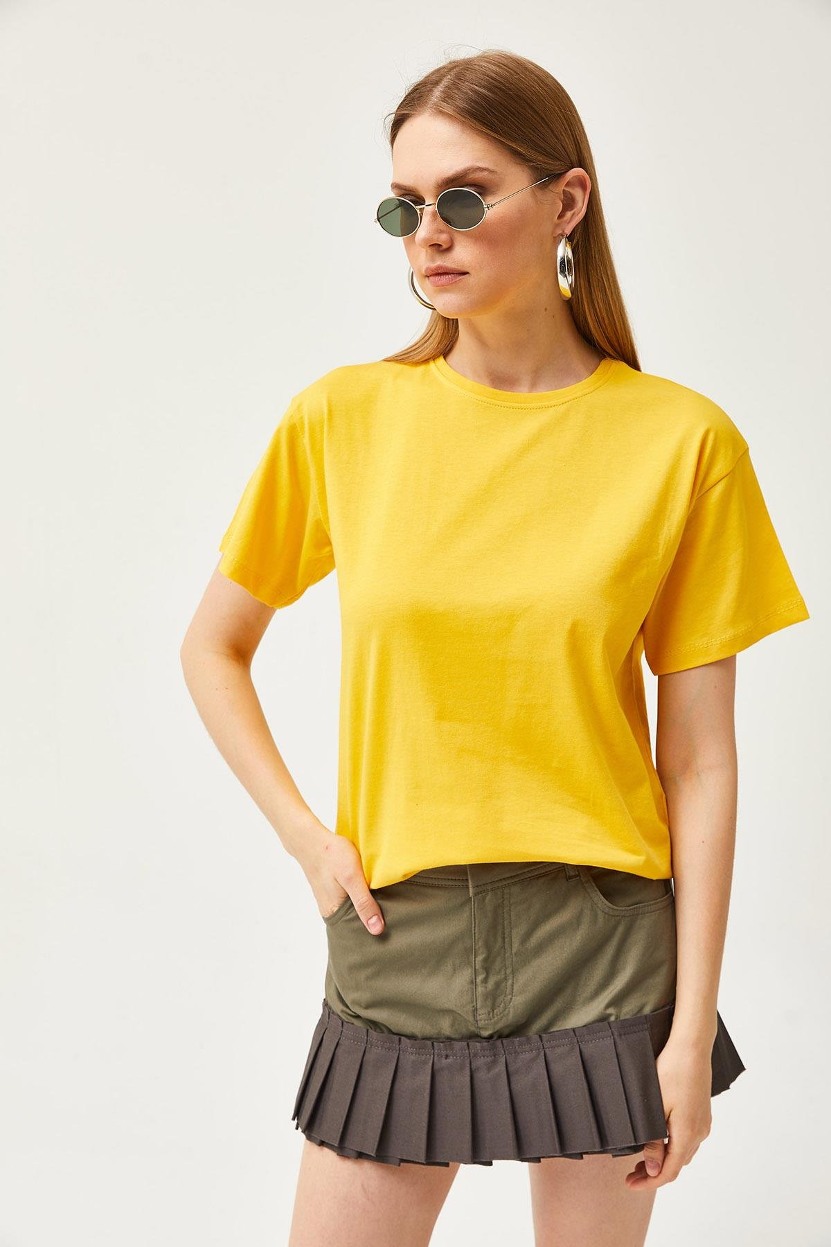 Bisiklet Yaka Basic Tişört Sarı