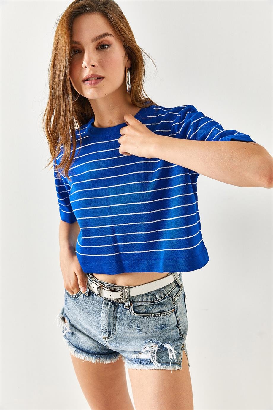 Bisiklet Yaka Çizgili Crop Triko Bluz Saks Mavi