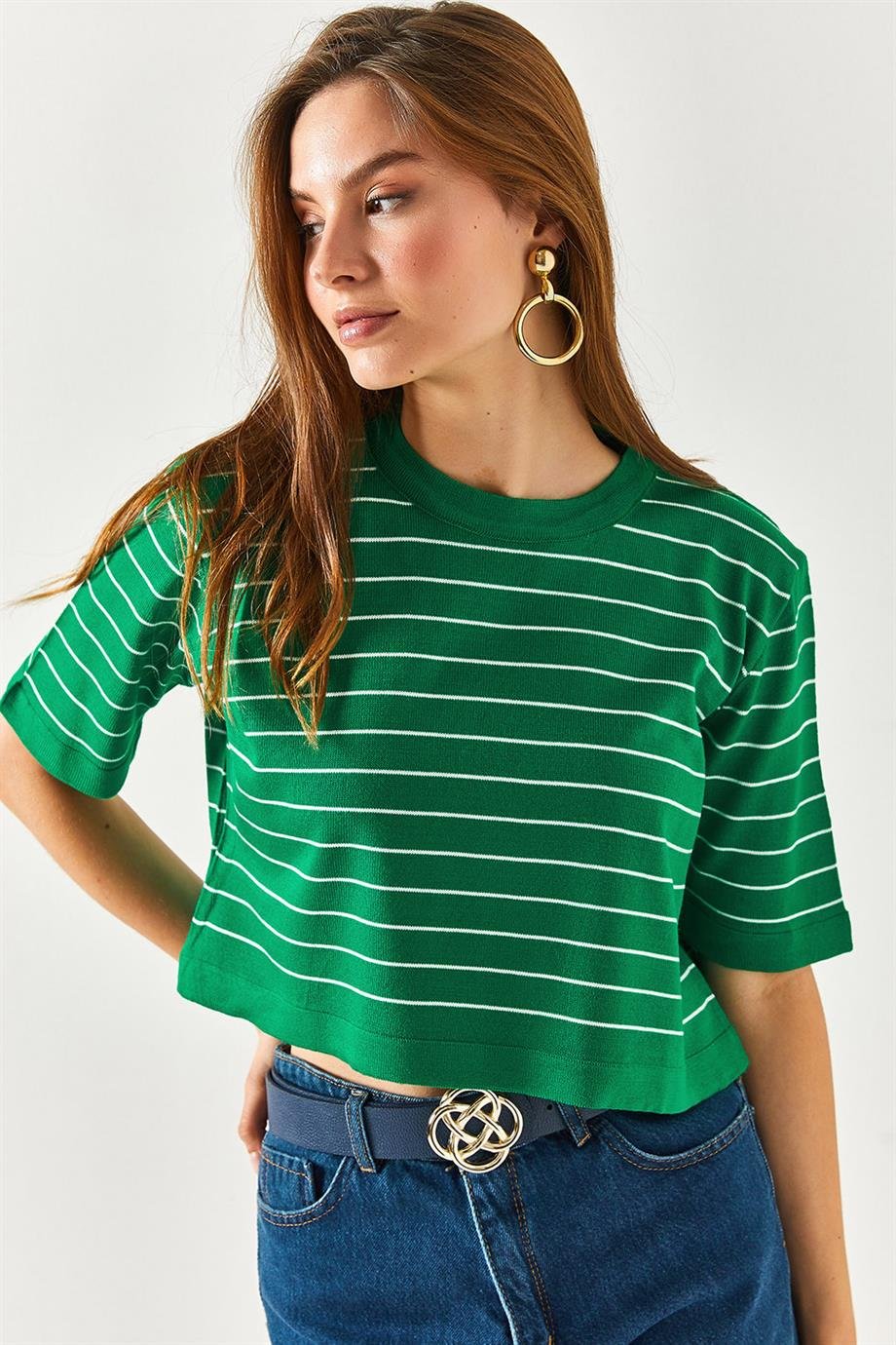 Bisiklet Yaka Çizgili Crop Triko Bluz Çimen Yeşili