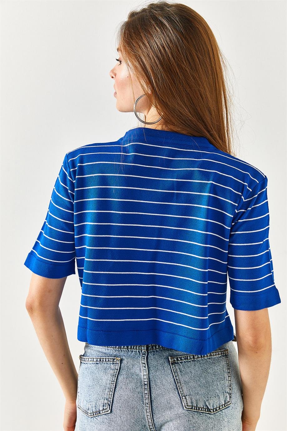 Bisiklet Yaka Çizgili Crop Triko Bluz Saks Mavi