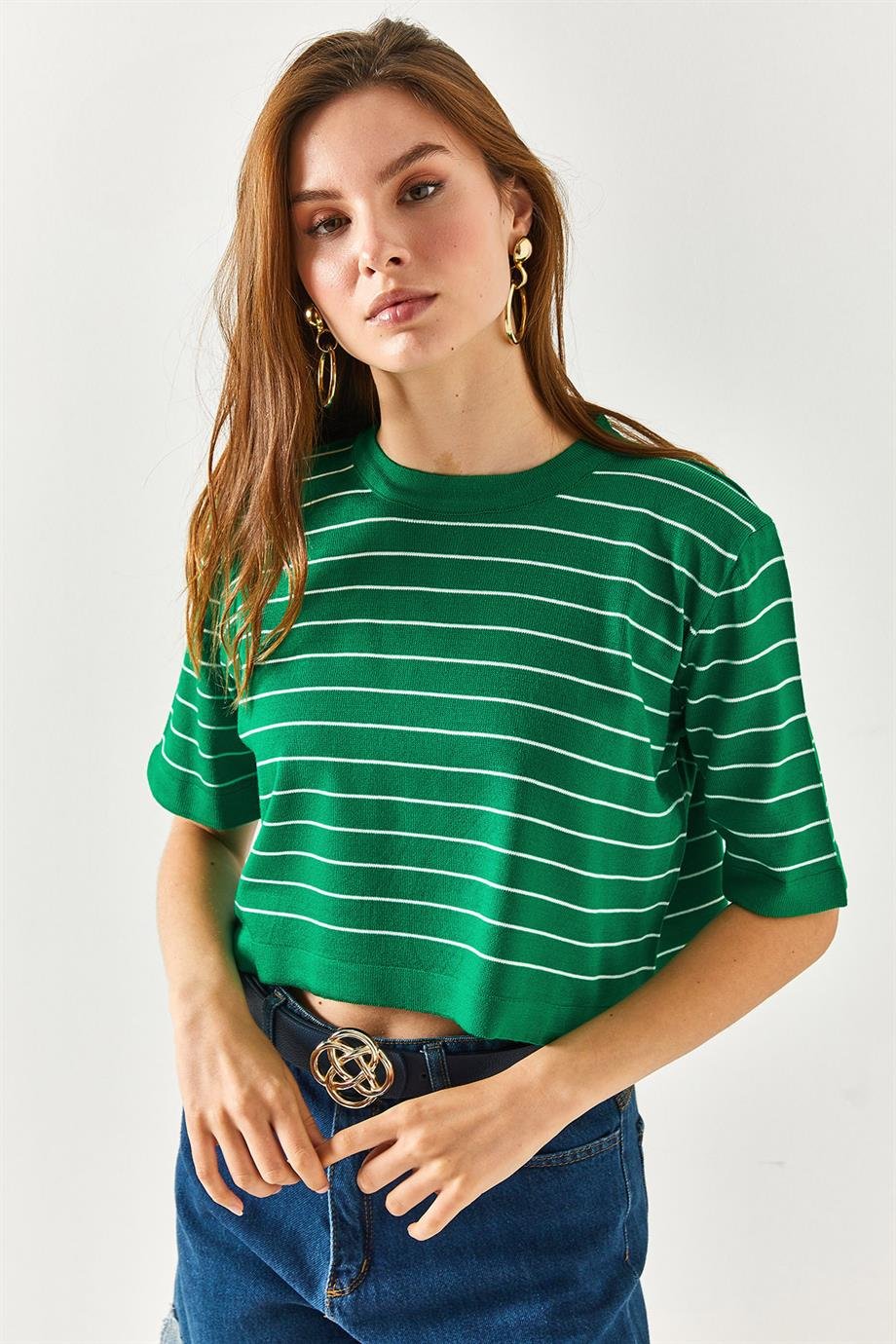 Bisiklet Yaka Çizgili Crop Triko Bluz Çimen Yeşili