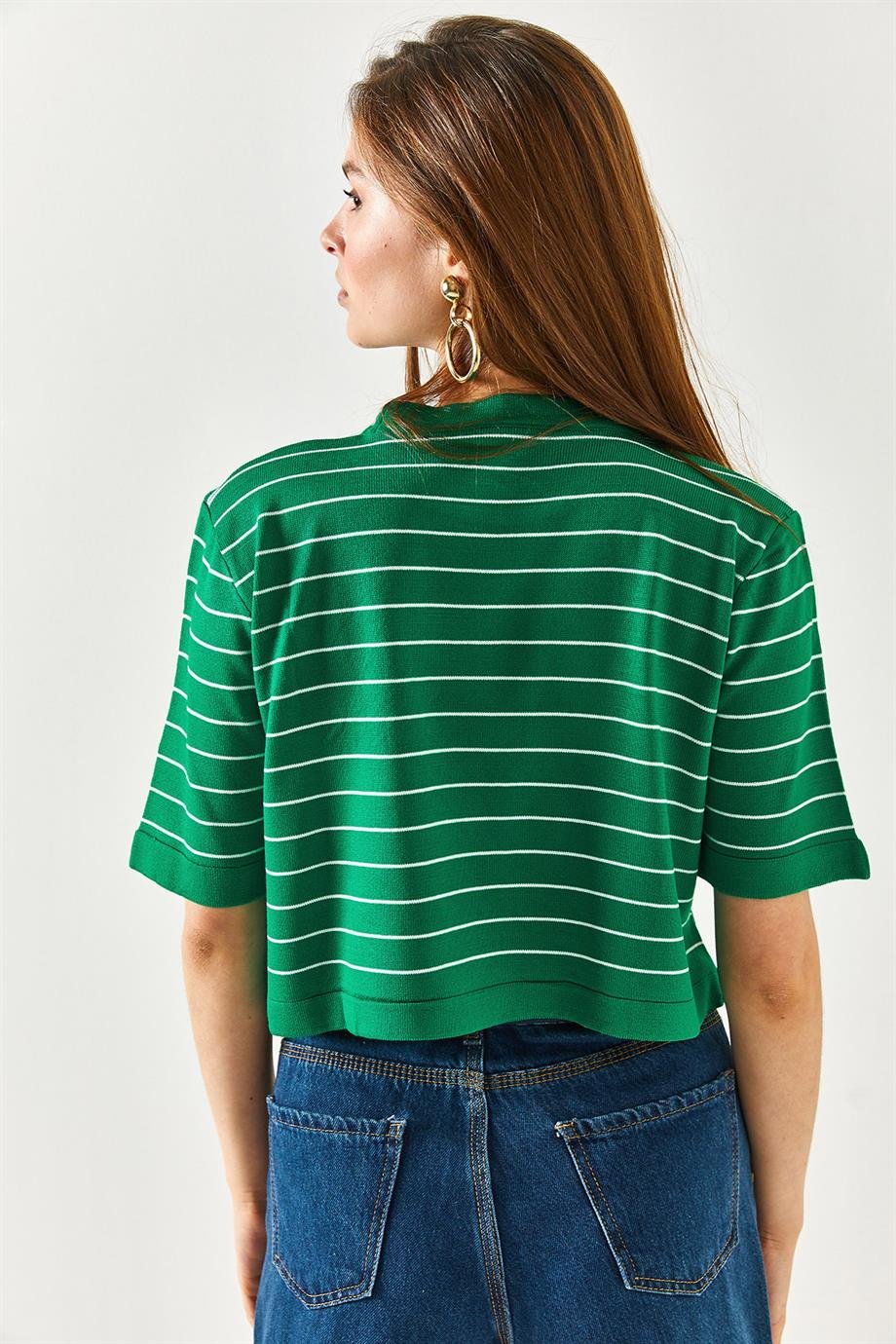 Bisiklet Yaka Çizgili Crop Triko Bluz Çimen Yeşili