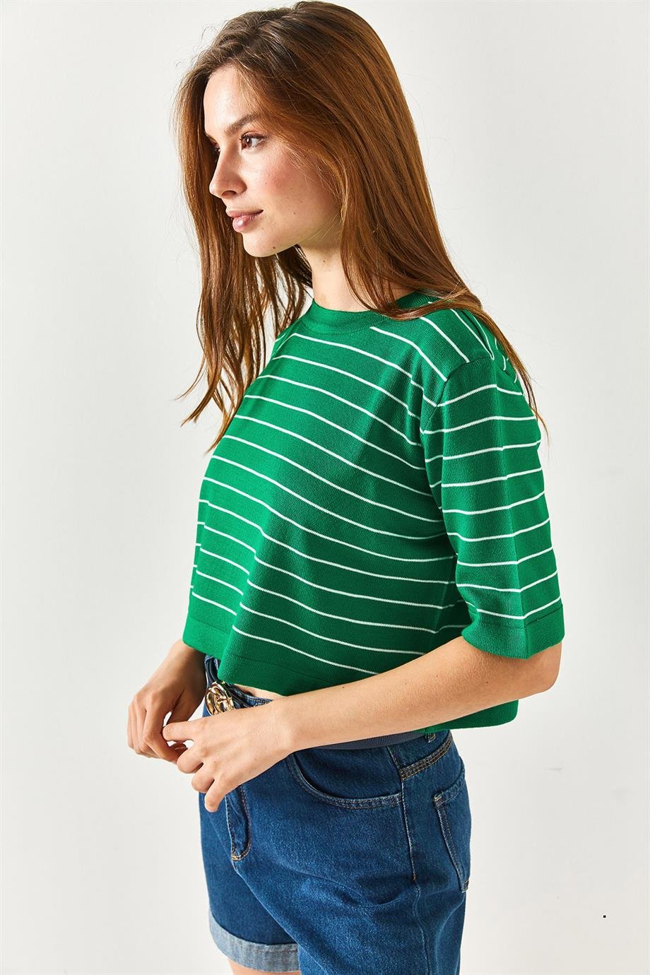 Bisiklet Yaka Çizgili Crop Triko Bluz Çimen Yeşili