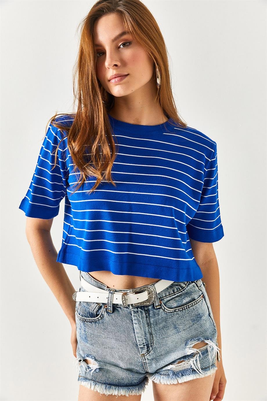 Bisiklet Yaka Çizgili Crop Triko Bluz Saks Mavi