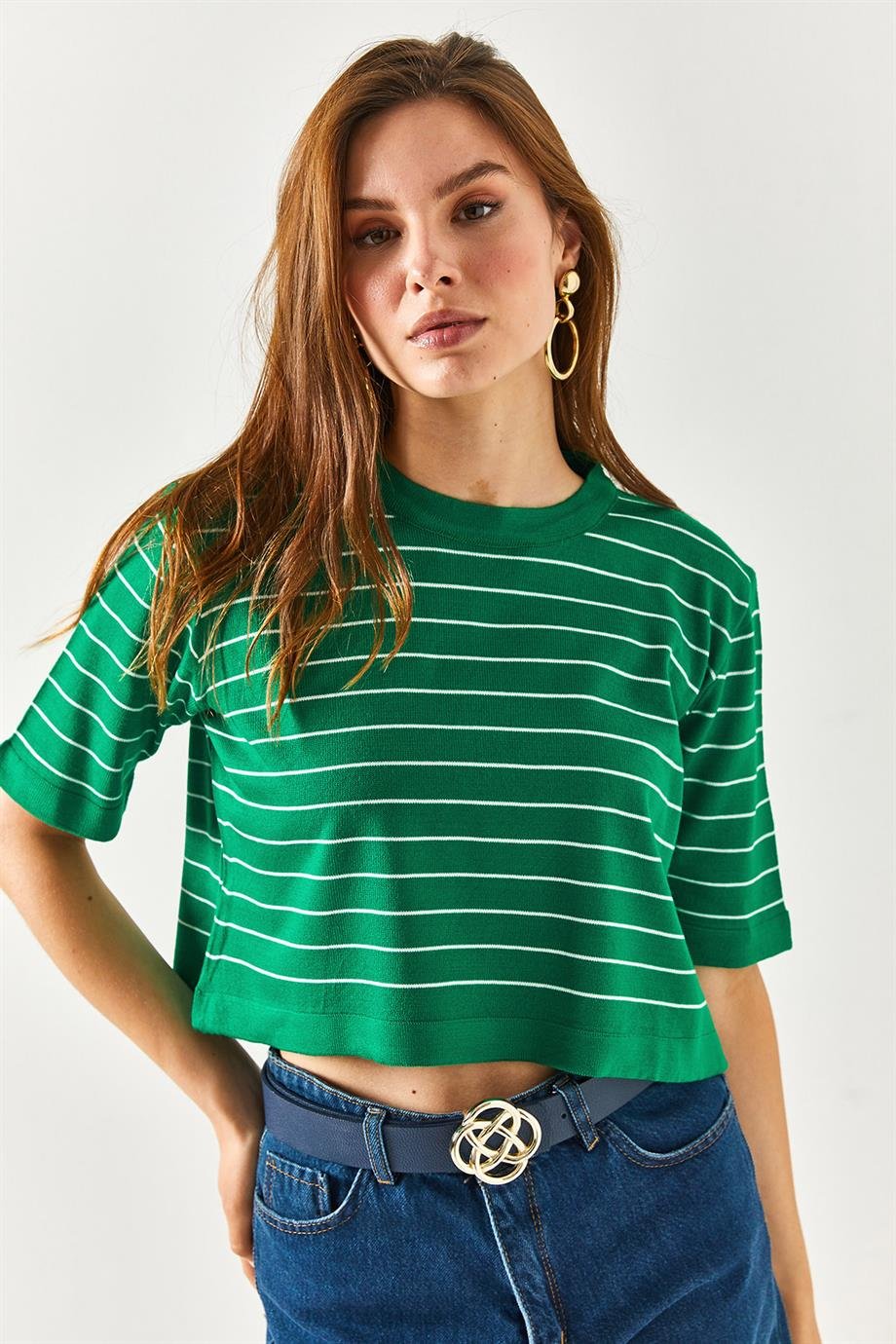 Bisiklet Yaka Çizgili Crop Triko Bluz Çimen Yeşili