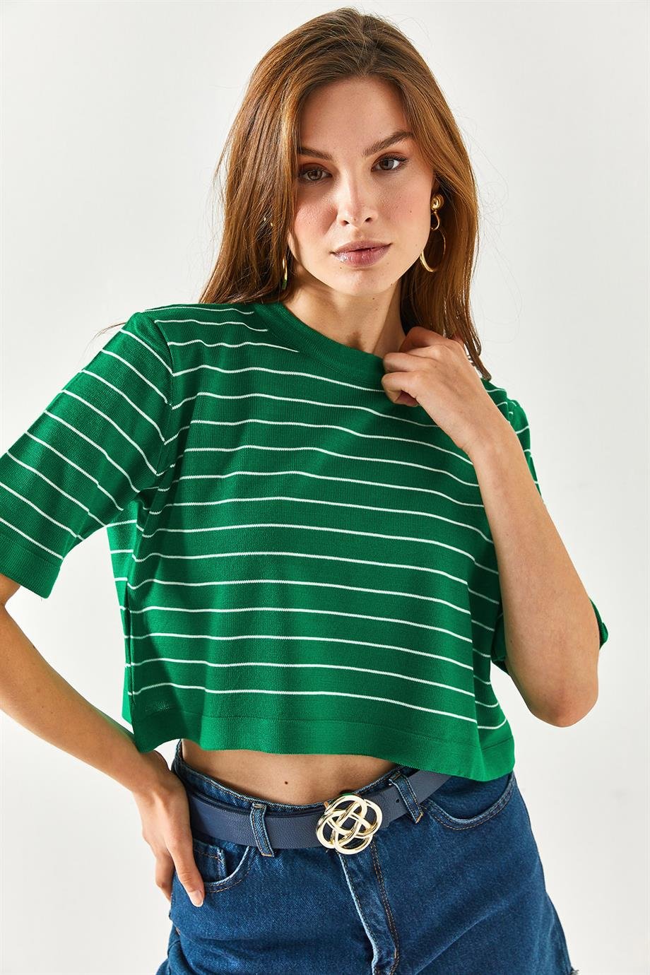Bisiklet Yaka Çizgili Crop Triko Bluz Çimen Yeşili