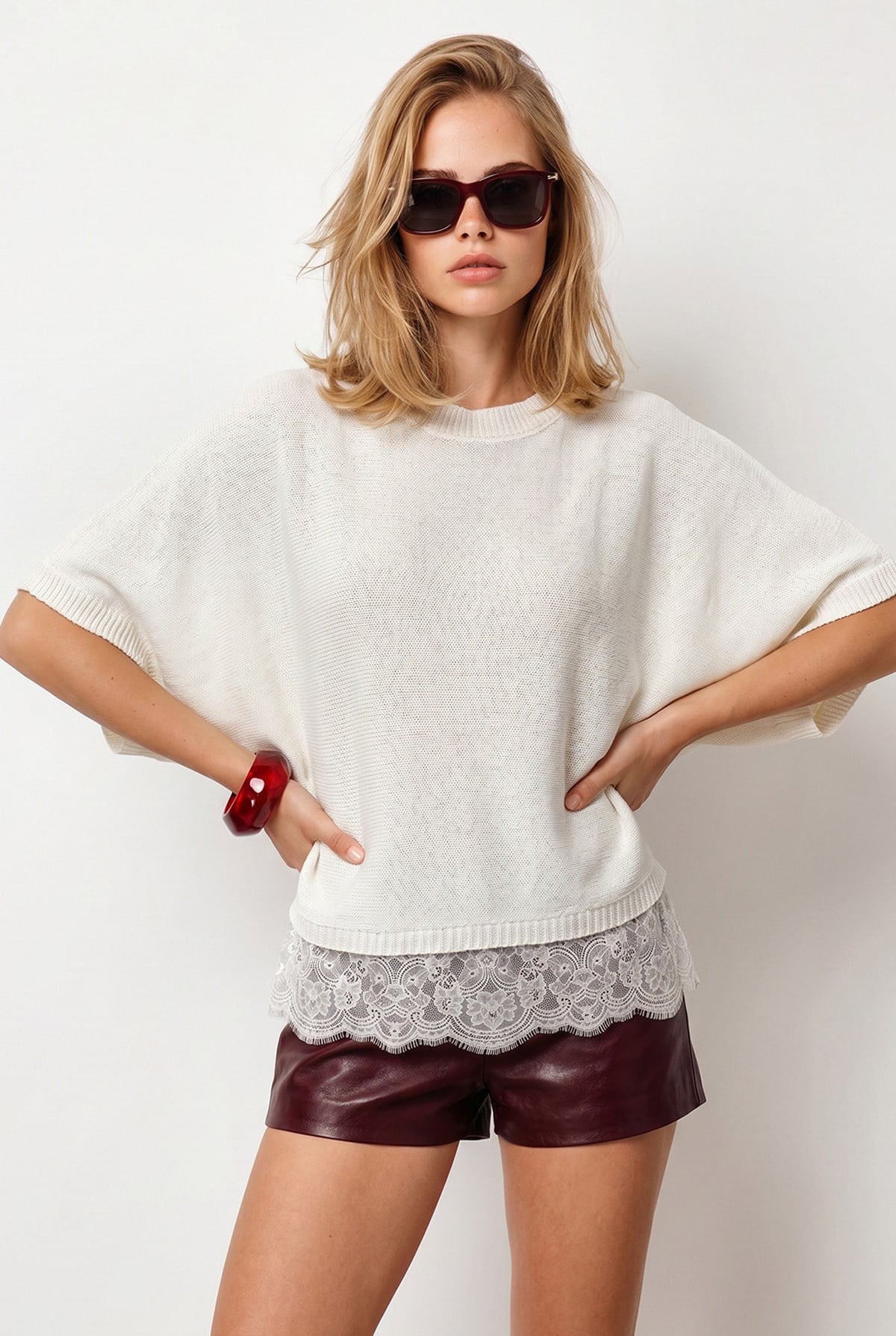 Bisiklet Yaka Dantel Detaylı Loose Fit Triko Bluz Beyaz