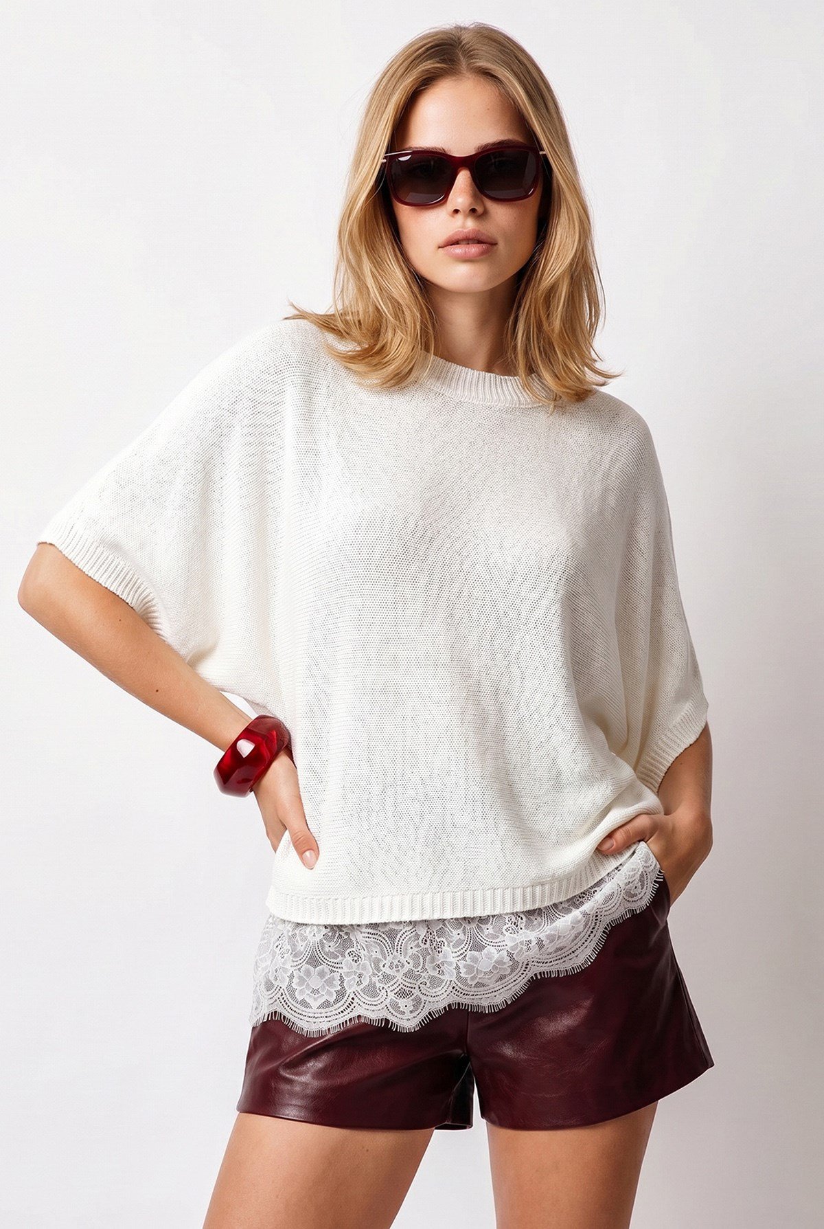 Bisiklet Yaka Dantel Detaylı Loose Fit Triko Bluz Beyaz