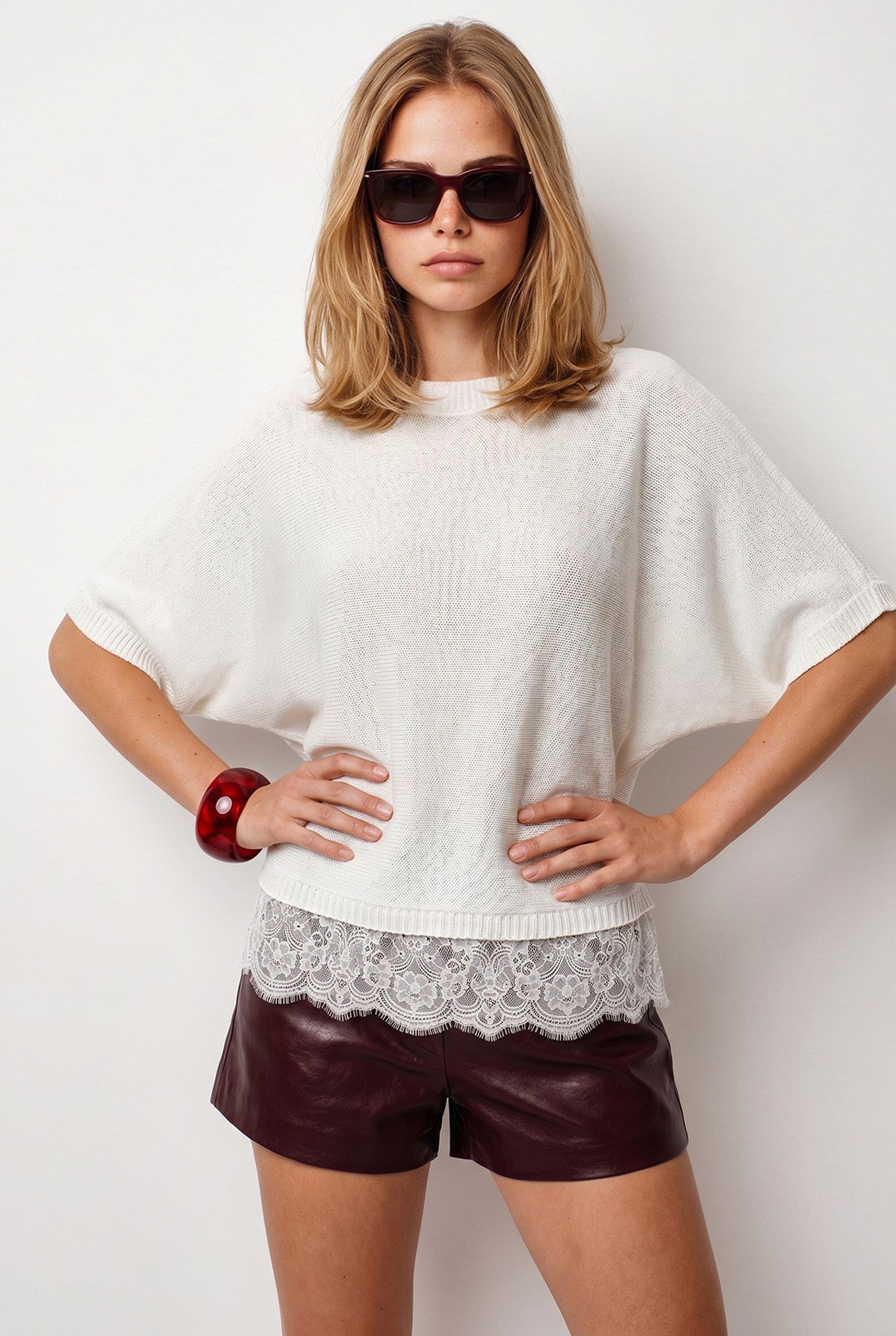 Bisiklet Yaka Dantel Detaylı Loose Fit Triko Bluz Beyaz