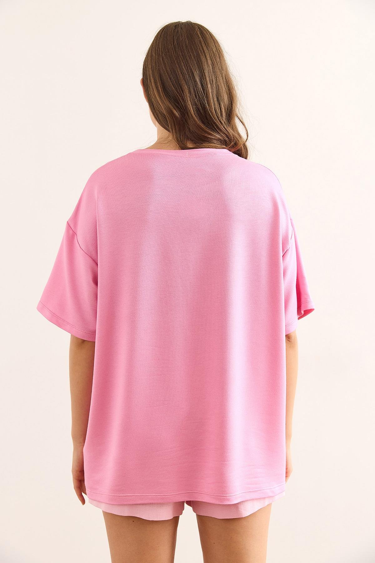 Bisiklet Yaka Oversize Yumuşak Dokulu Tişört Pembe