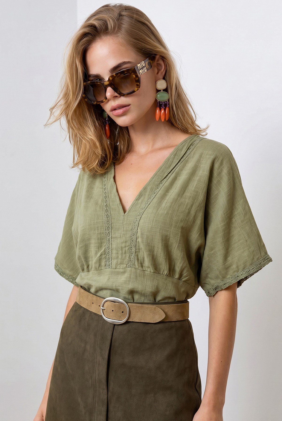 Boho Dantel Detaylı Flam Pamuk Bluz Haki