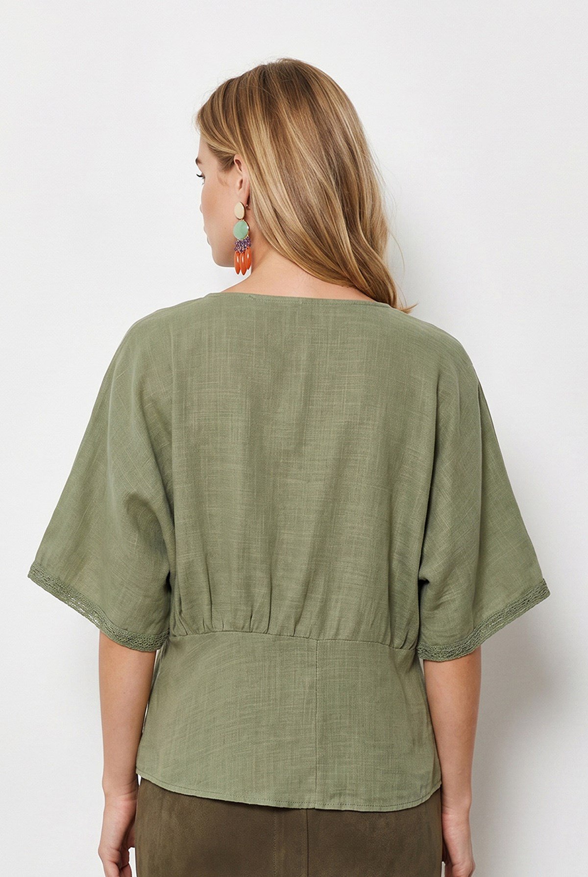 Boho Dantel Detaylı Flam Pamuk Bluz Haki