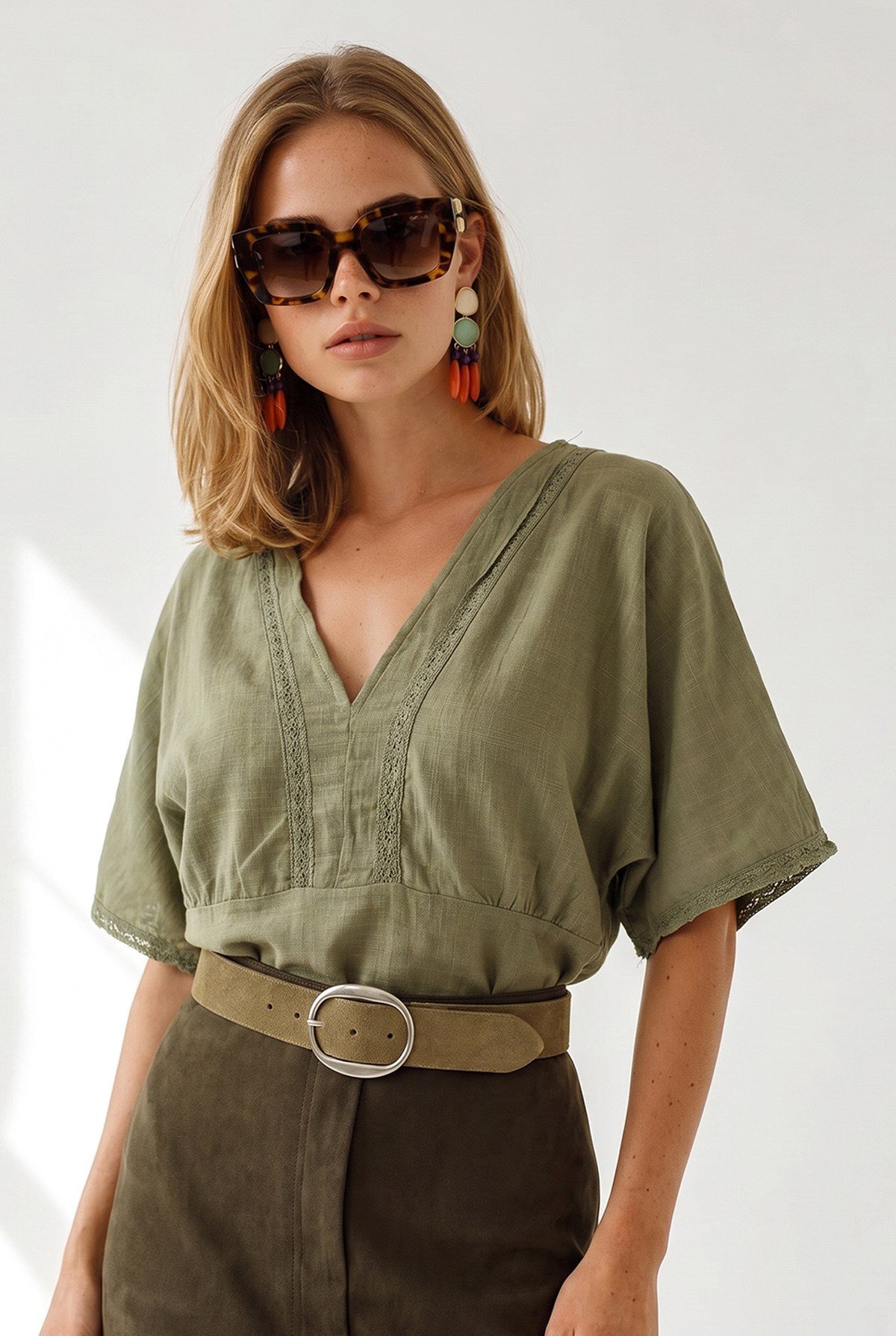 Boho Dantel Detaylı Flam Pamuk Bluz Haki
