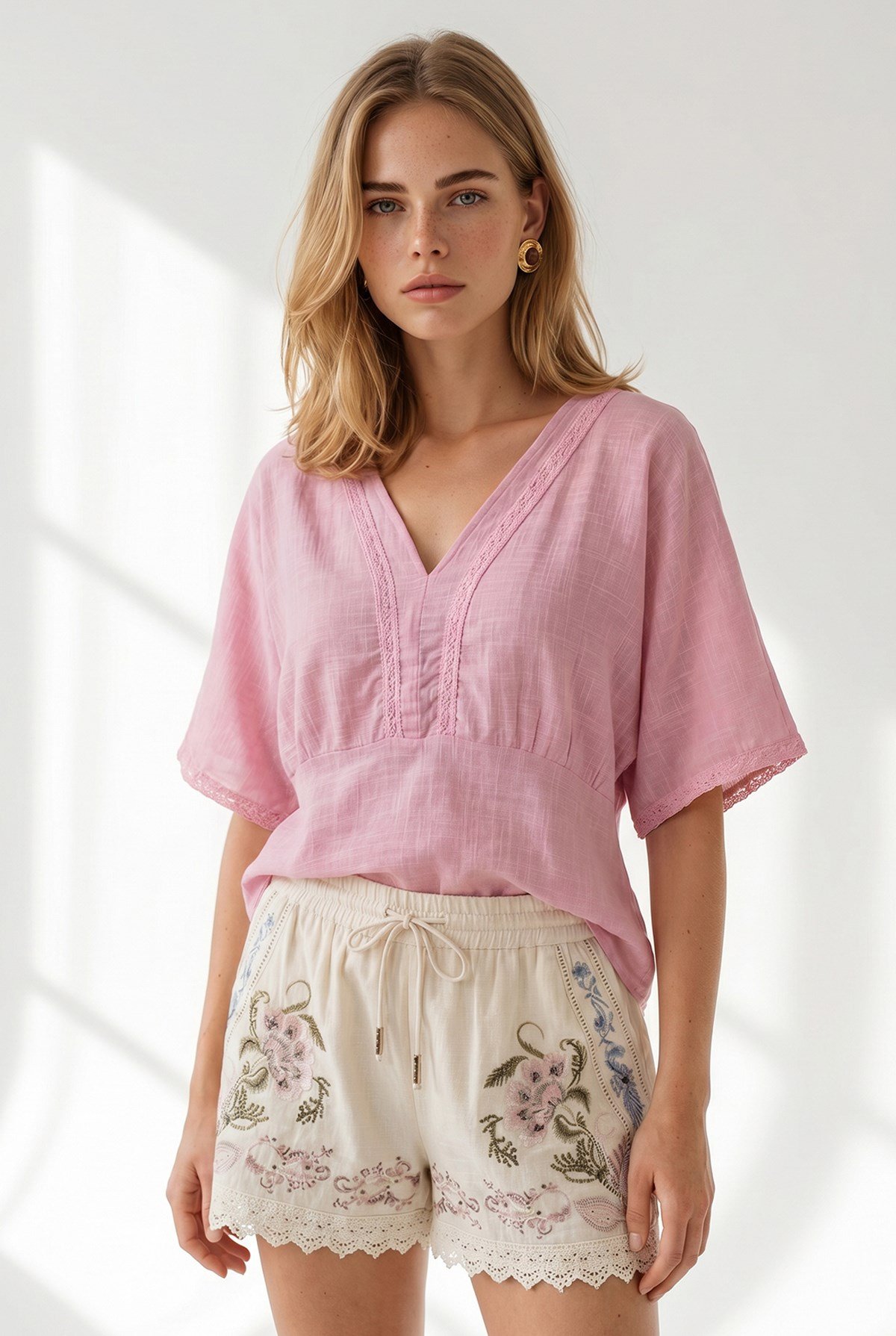 Boho Dantel Detaylı Flam Pamuk Bluz Pembe