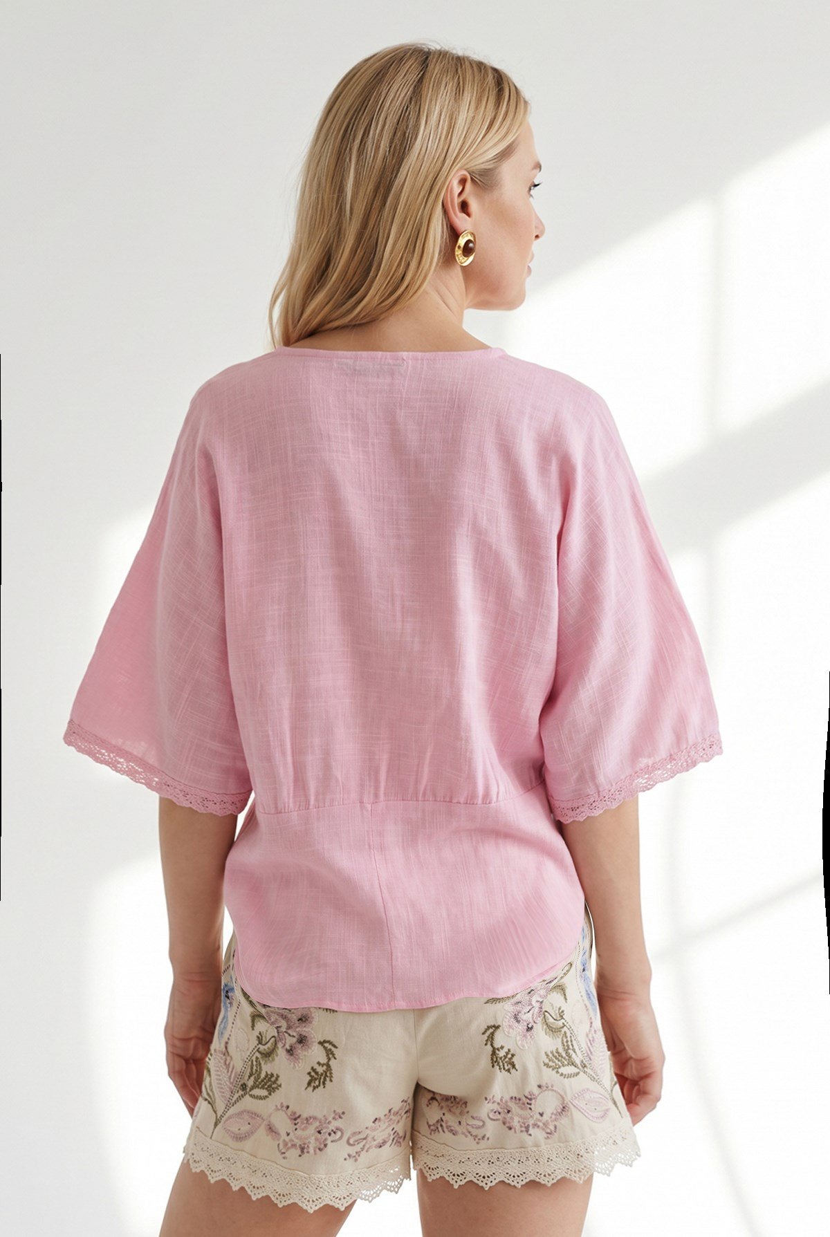 Boho Dantel Detaylı Flam Pamuk Bluz Pembe