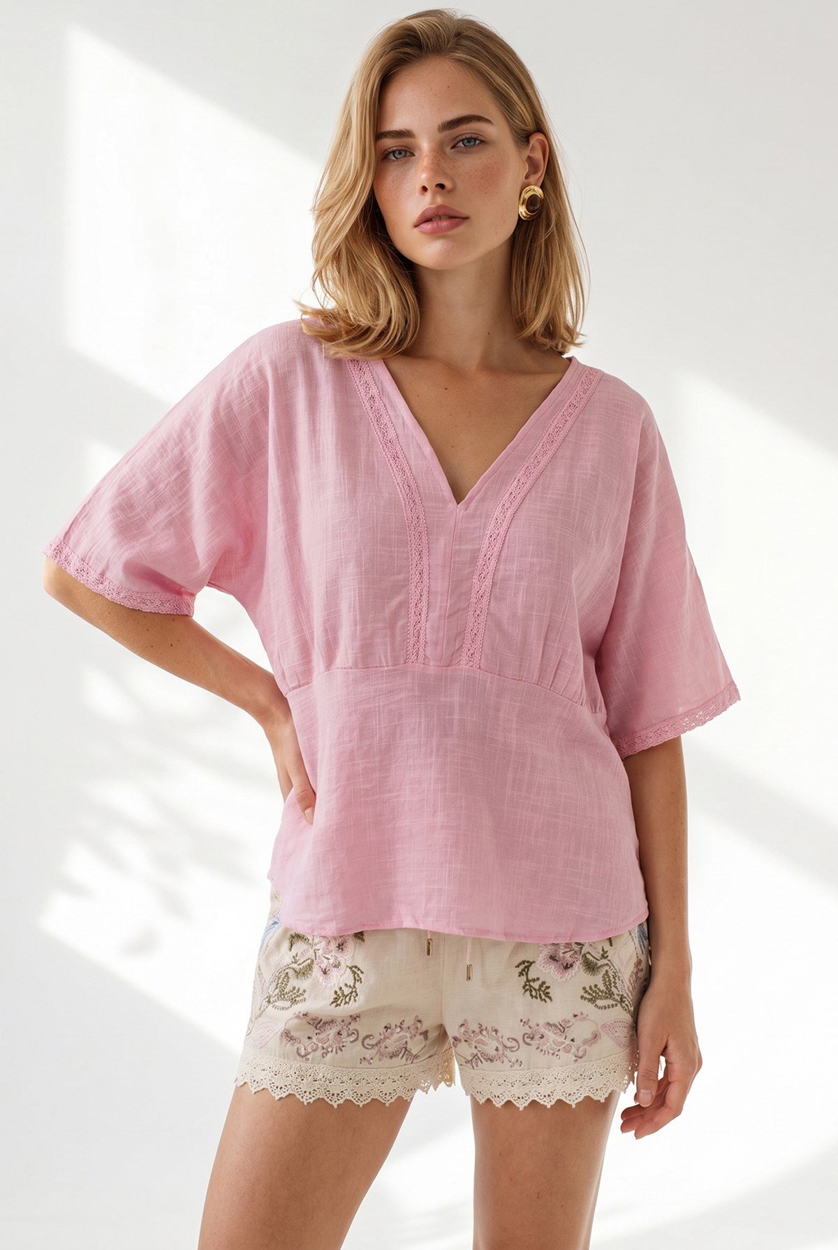 Boho Dantel Detaylı Flam Pamuk Bluz Pembe