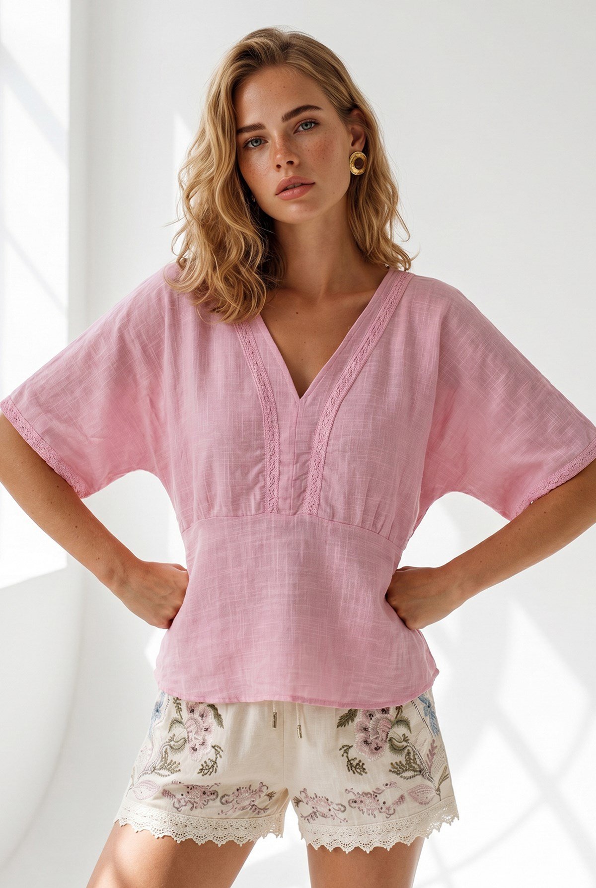 Boho Dantel Detaylı Flam Pamuk Bluz Pembe