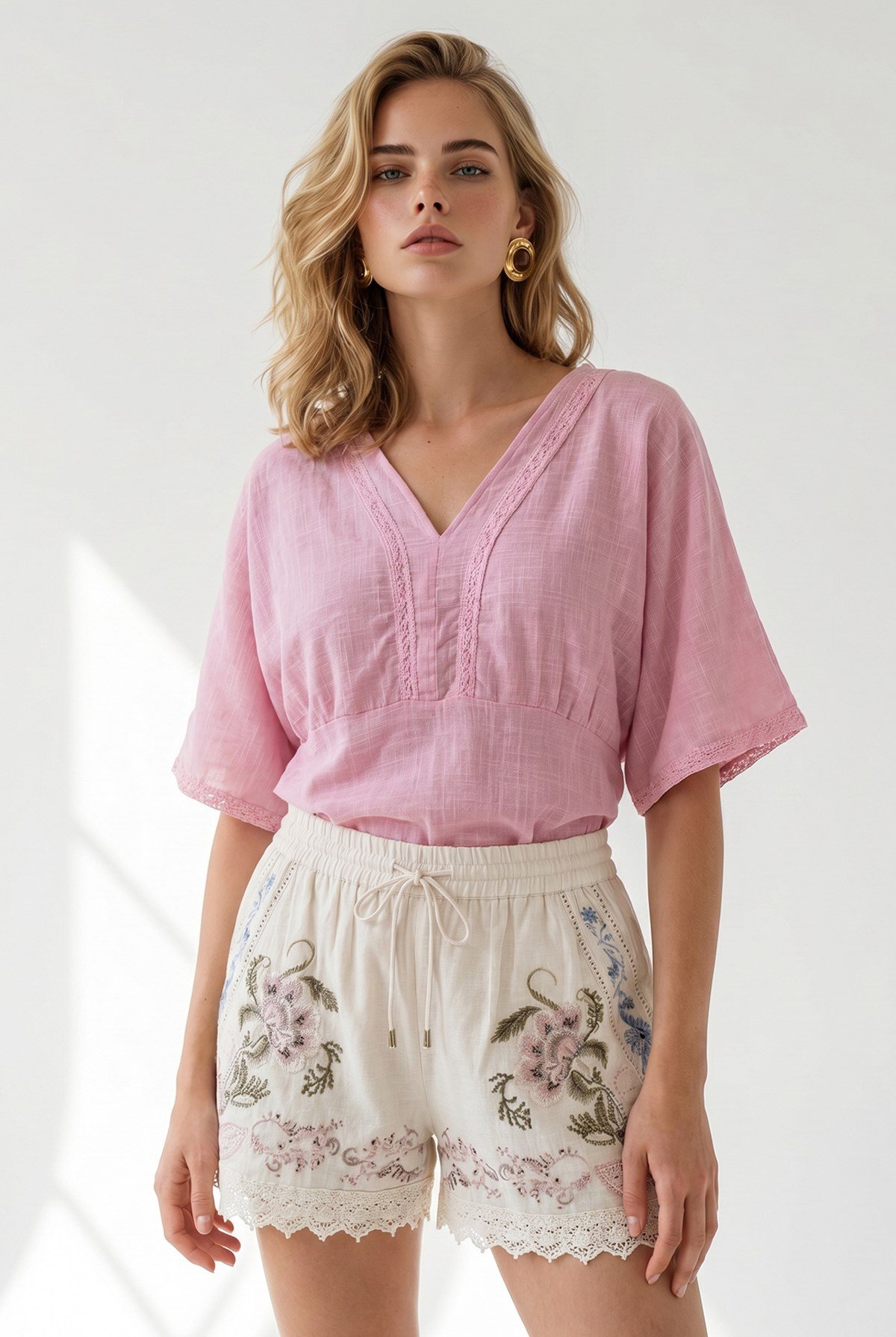 Boho Dantel Detaylı Flam Pamuk Bluz Pembe