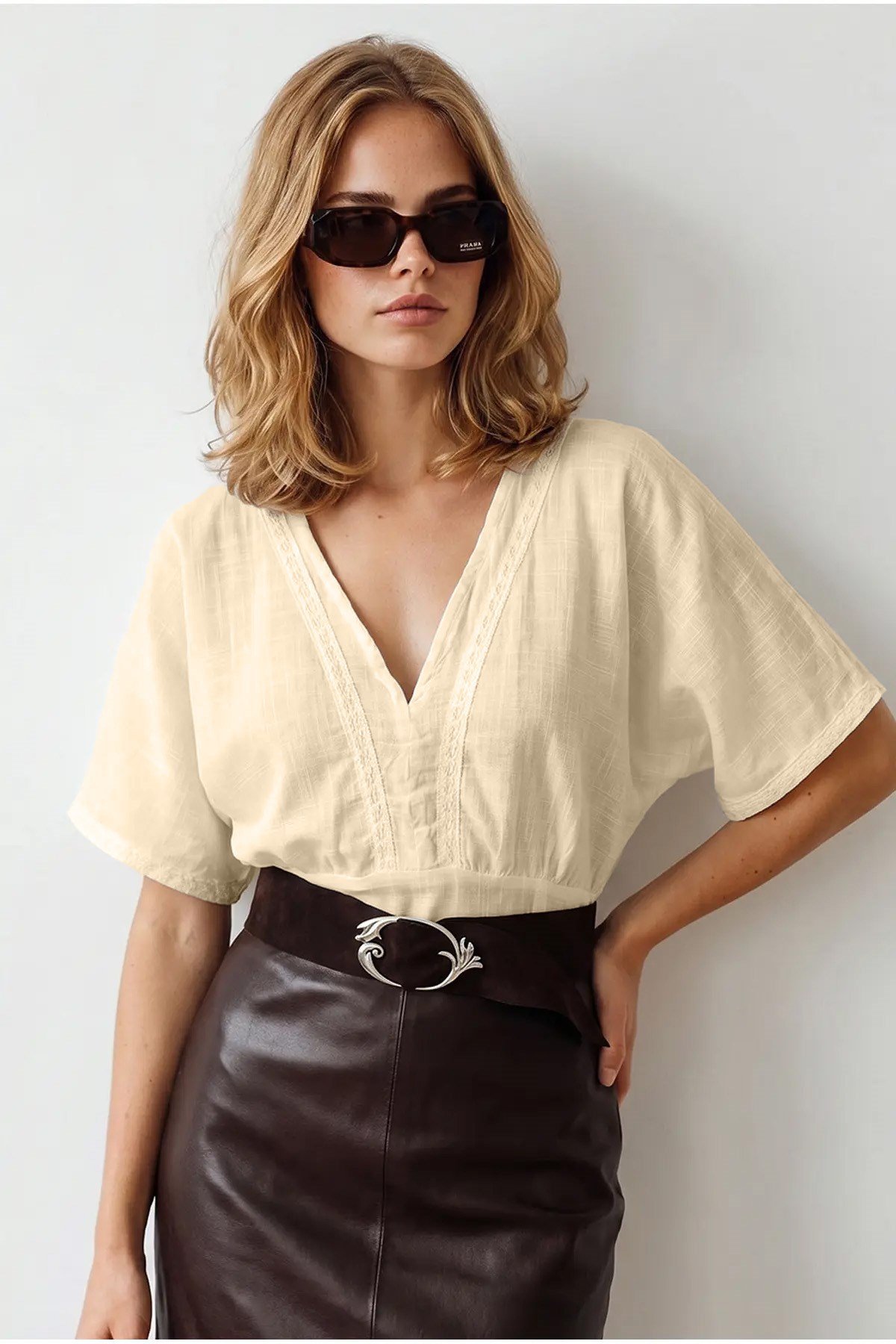 Boho Dantel Detaylı Flam Pamuk Bluz Taş