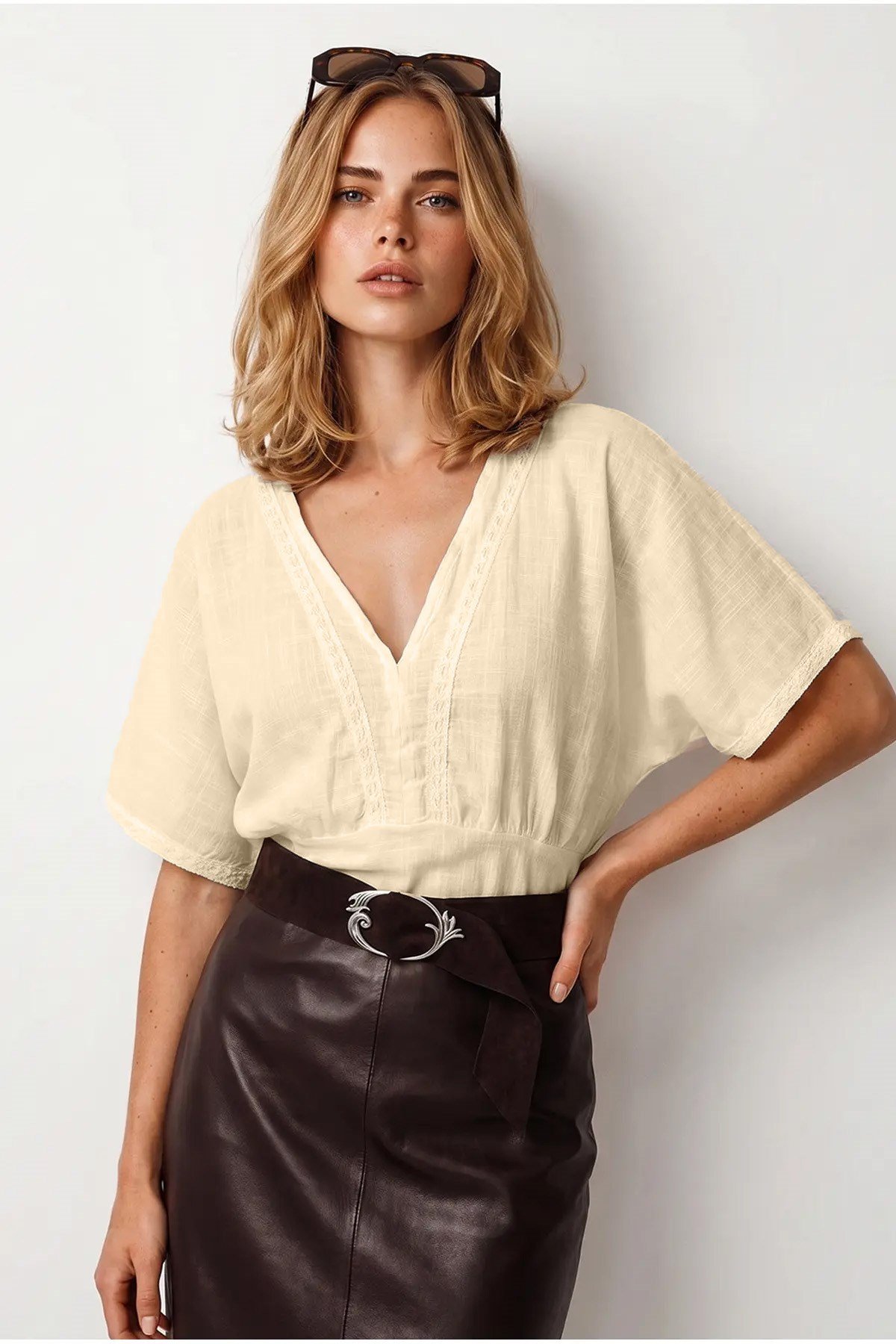 Boho Dantel Detaylı Flam Pamuk Bluz Taş