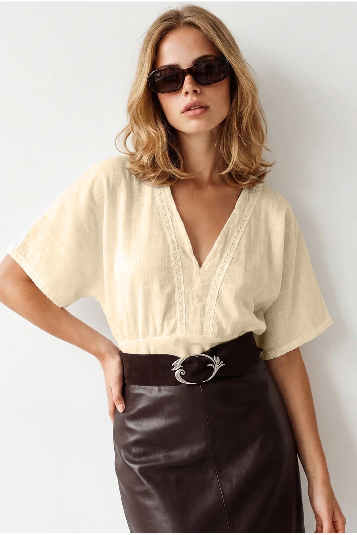 Boho Dantel Detaylı Flam Pamuk Bluz Taş