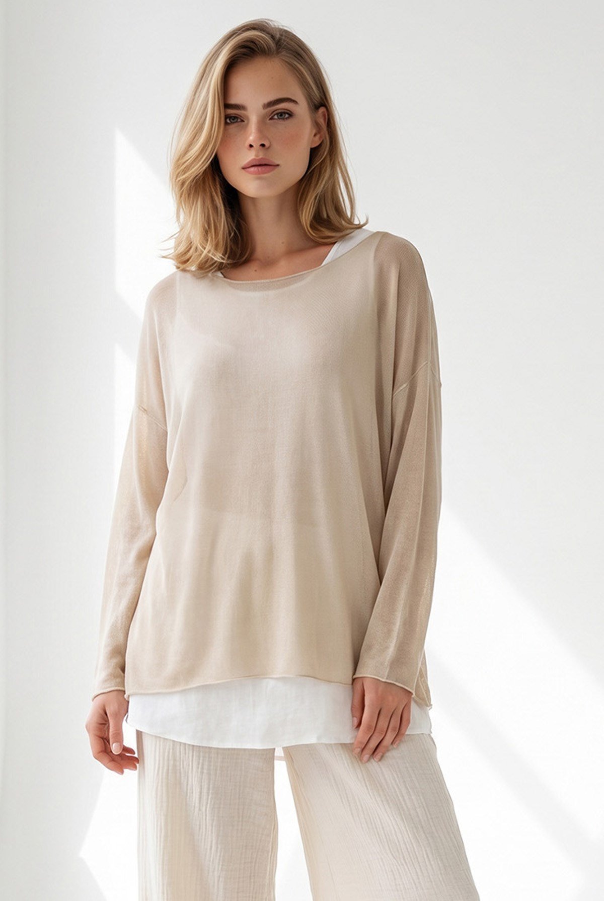 Boho Kolyeli 2 Li Loose Fit Bluz Bej