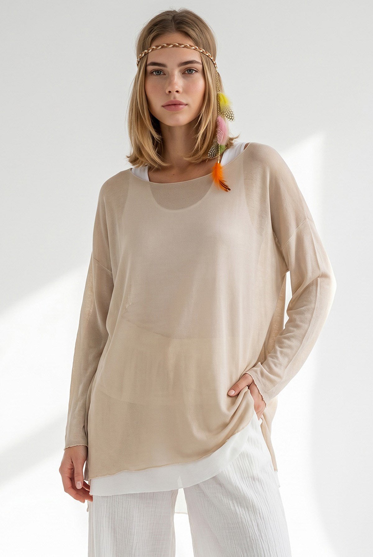 Boho Kolyeli 2 Li Loose Fit Bluz Bej