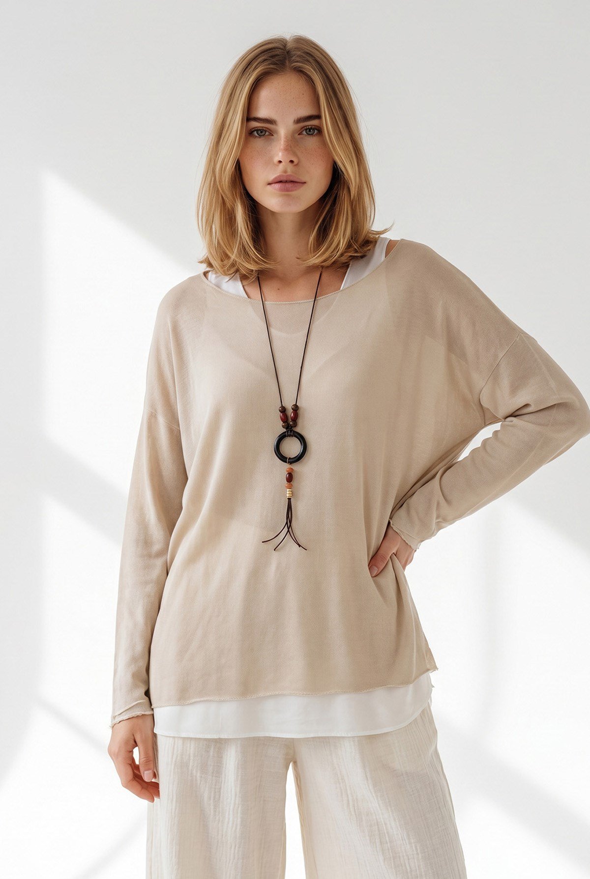 Boho Kolyeli 2 Li Loose Fit Bluz Bej