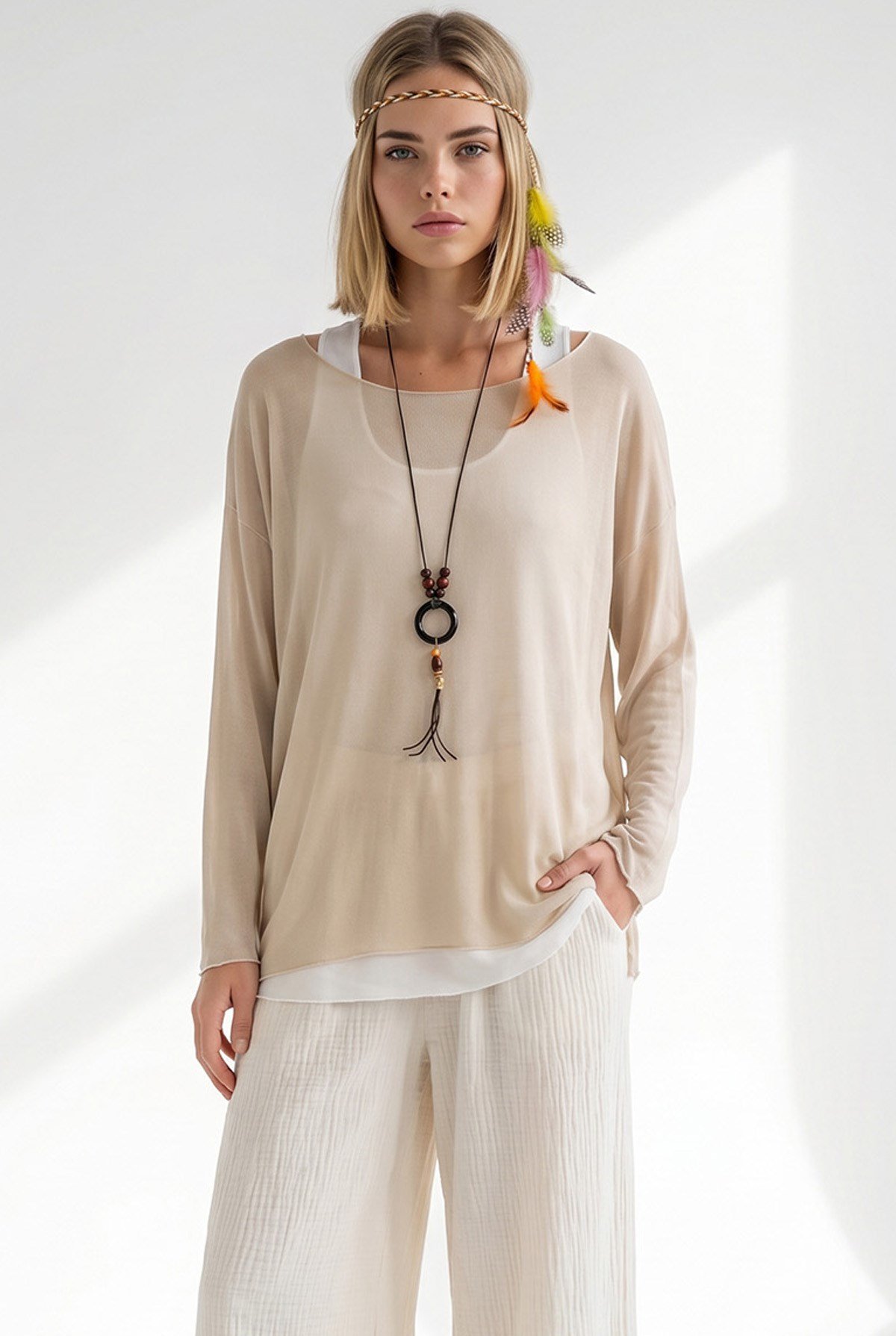 Boho Kolyeli 2 Li Loose Fit Bluz Bej