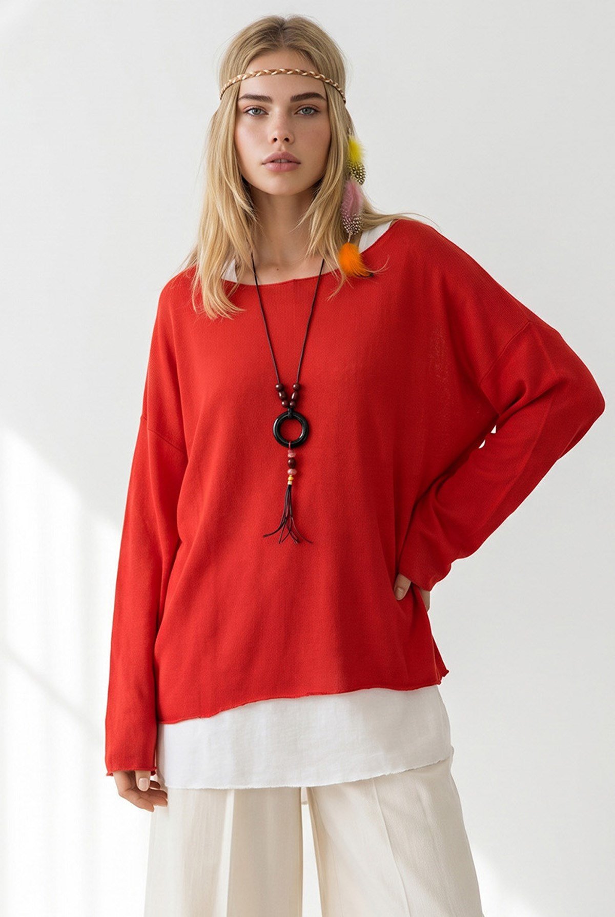 Boho Kolyeli 2 Li Loose Fit Bluz Kırmızı