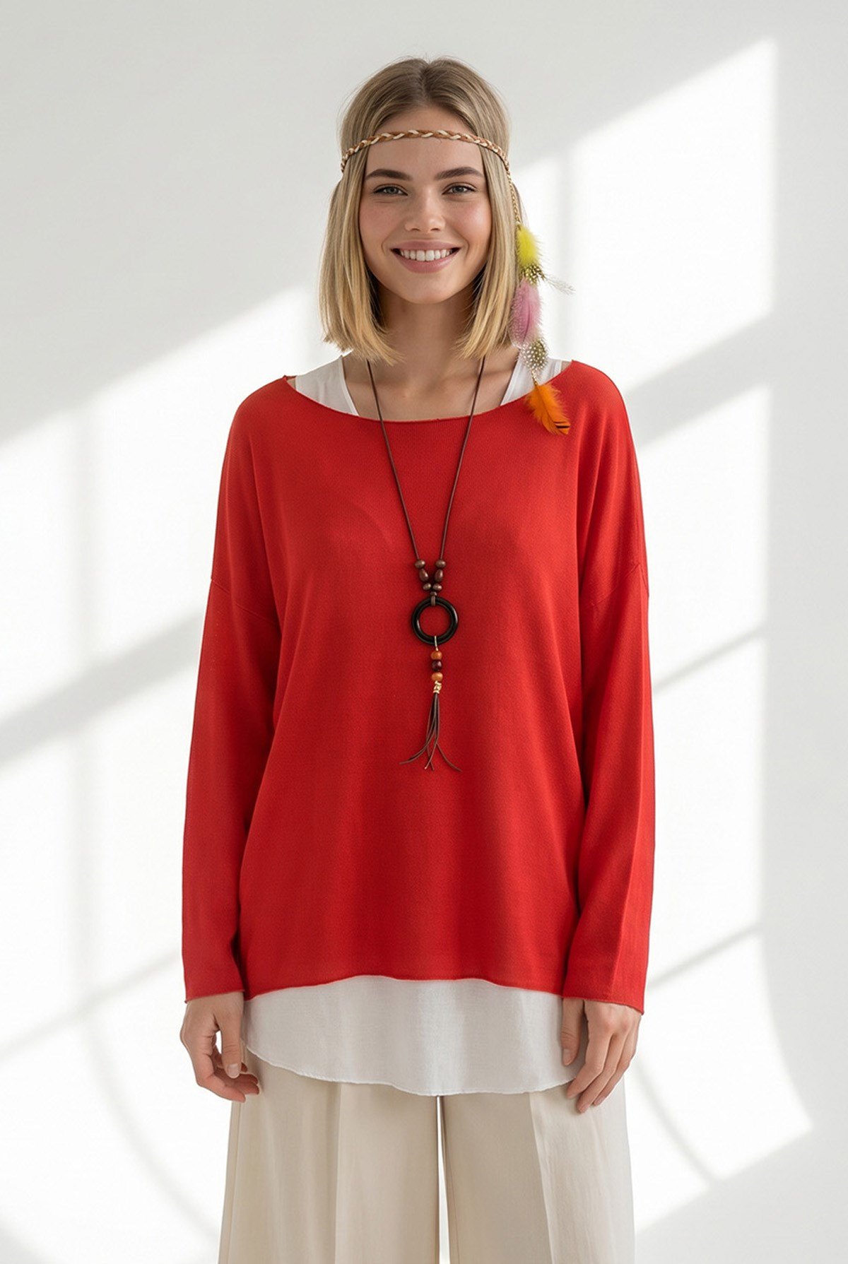 Boho Kolyeli 2 Li Loose Fit Bluz Kırmızı