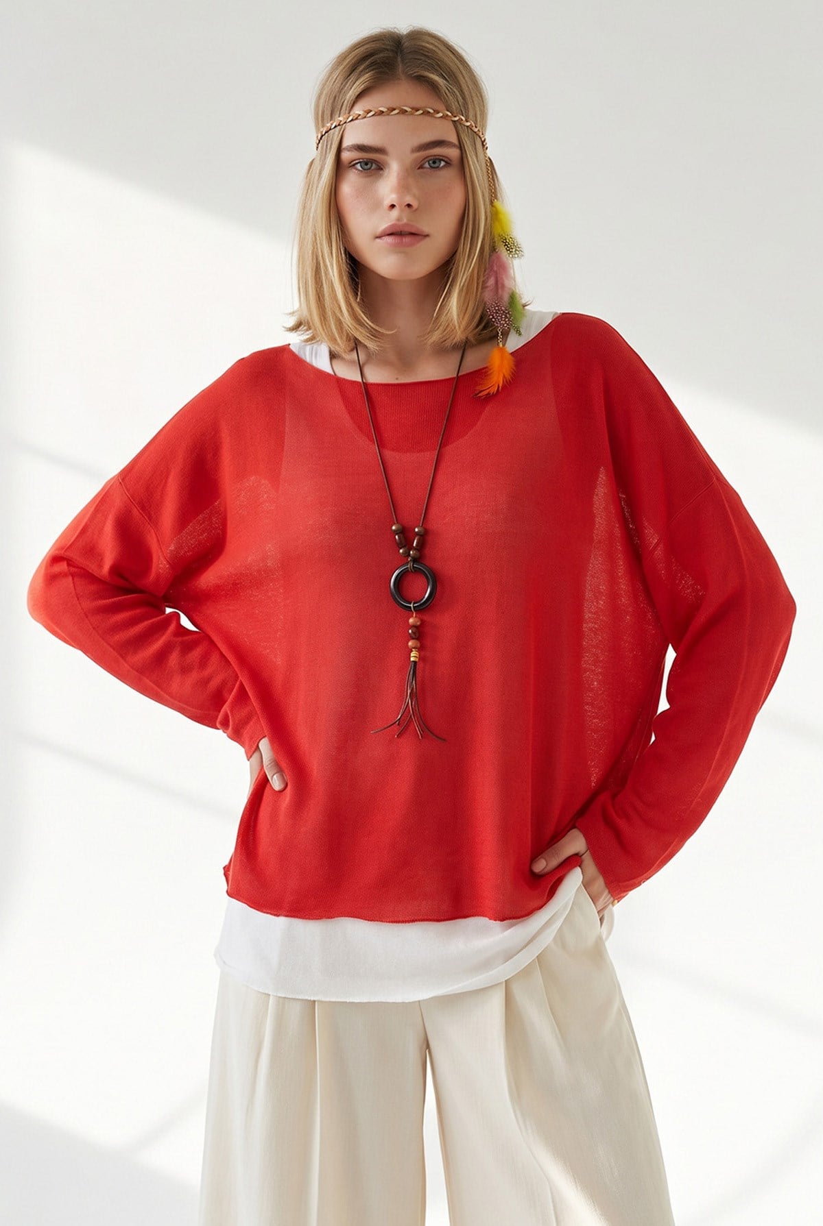 Boho Kolyeli 2 Li Loose Fit Bluz Kırmızı