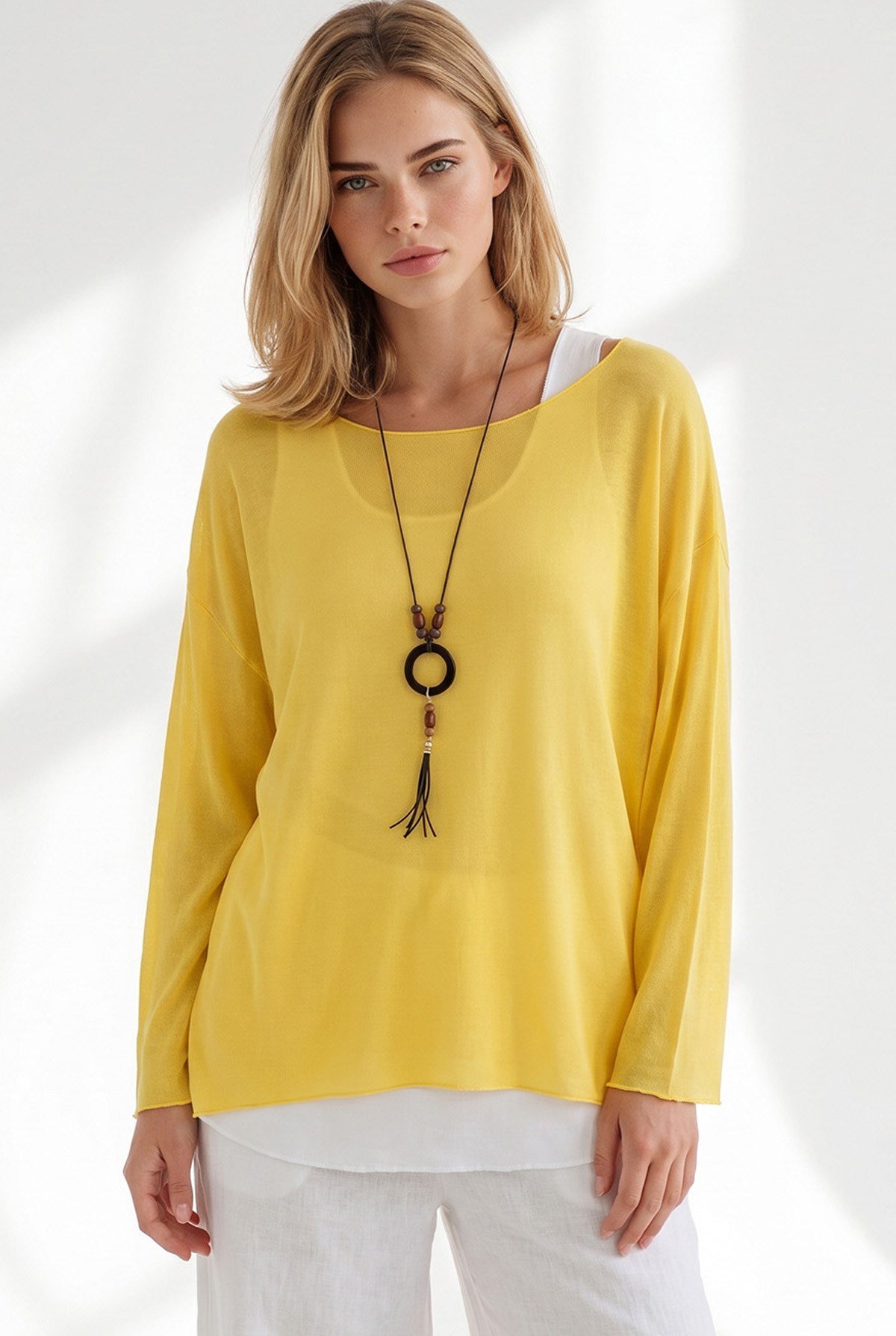 Boho Kolyeli 2 Li Loose Fit Bluz Sarı