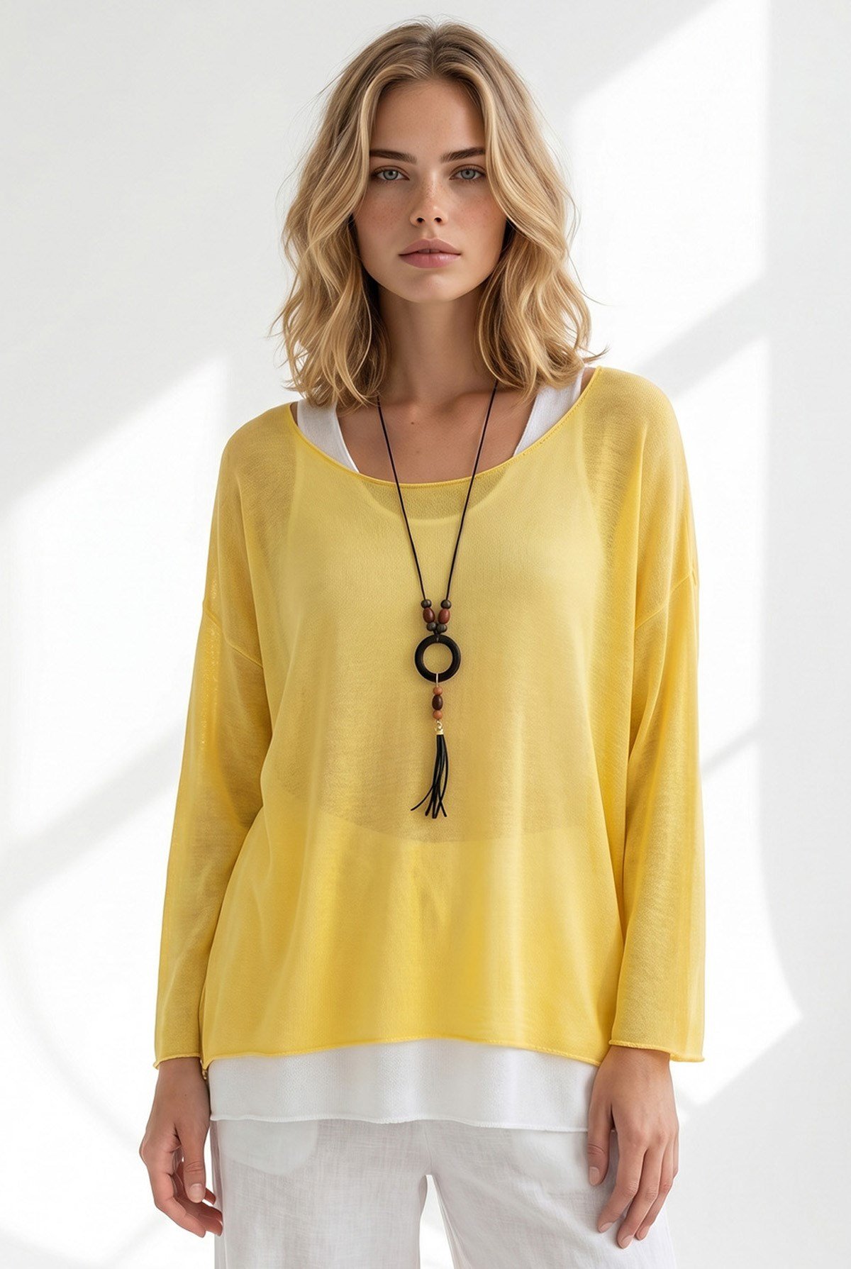 Boho Kolyeli 2 Li Loose Fit Bluz Sarı