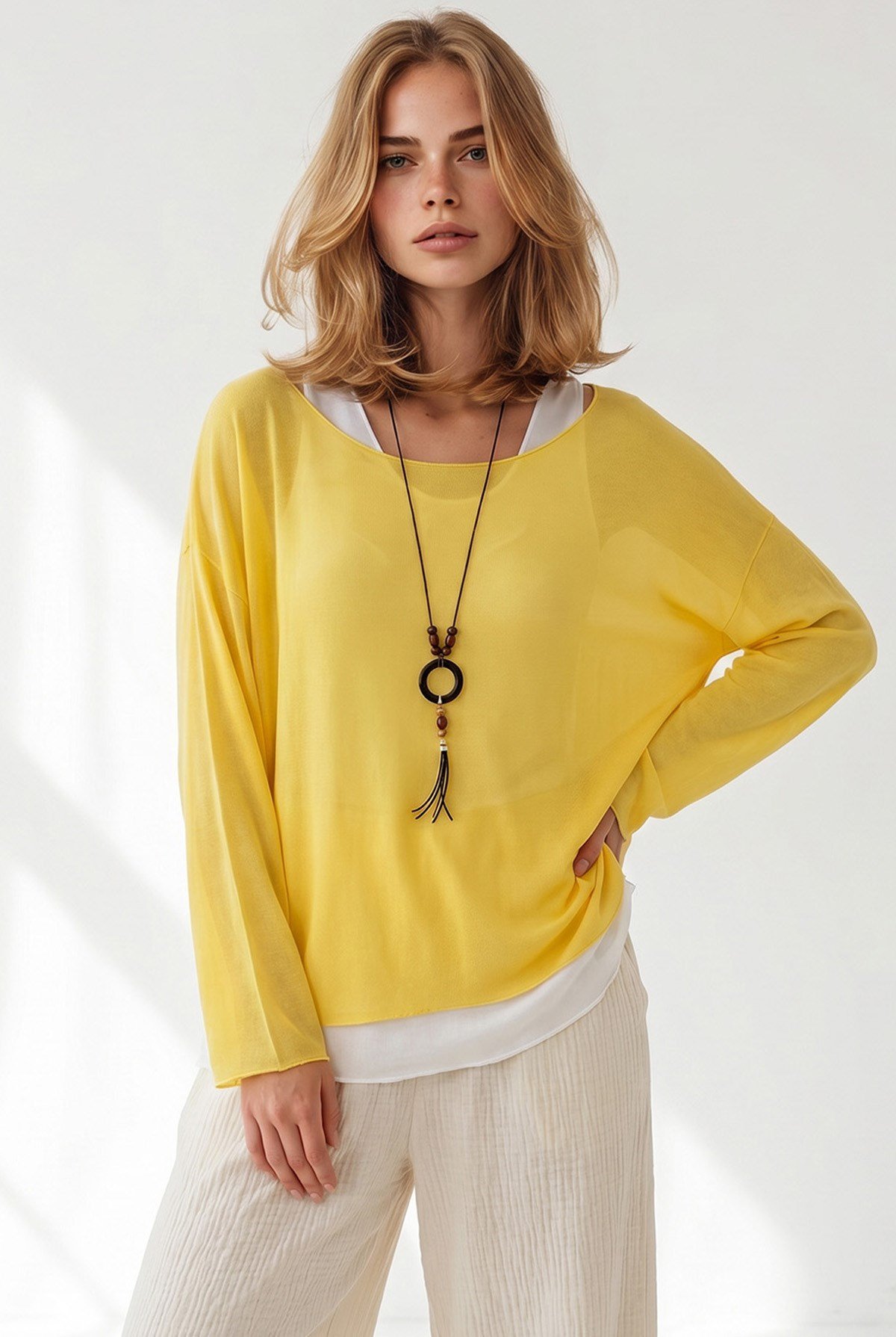 Boho Kolyeli 2 Li Loose Fit Bluz Sarı