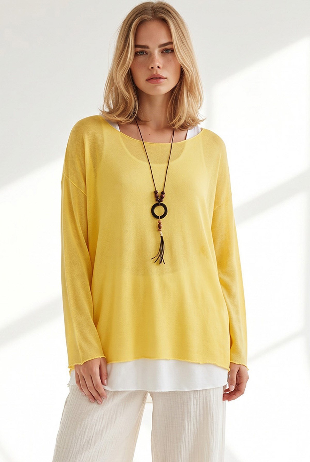 Boho Kolyeli 2 Li Loose Fit Bluz Sarı