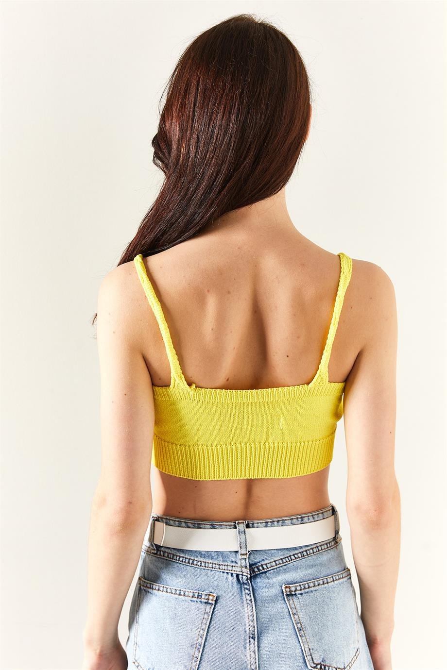 Boncuk Garnili Triko Crop Bluz Sarı