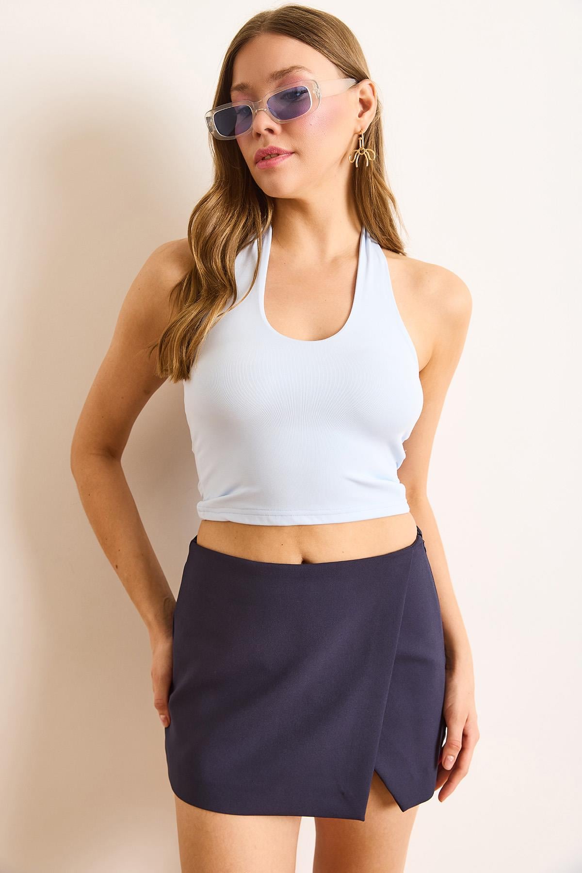 Boyundan Askılı Crop Polyamid Bluz Bebe Mavi