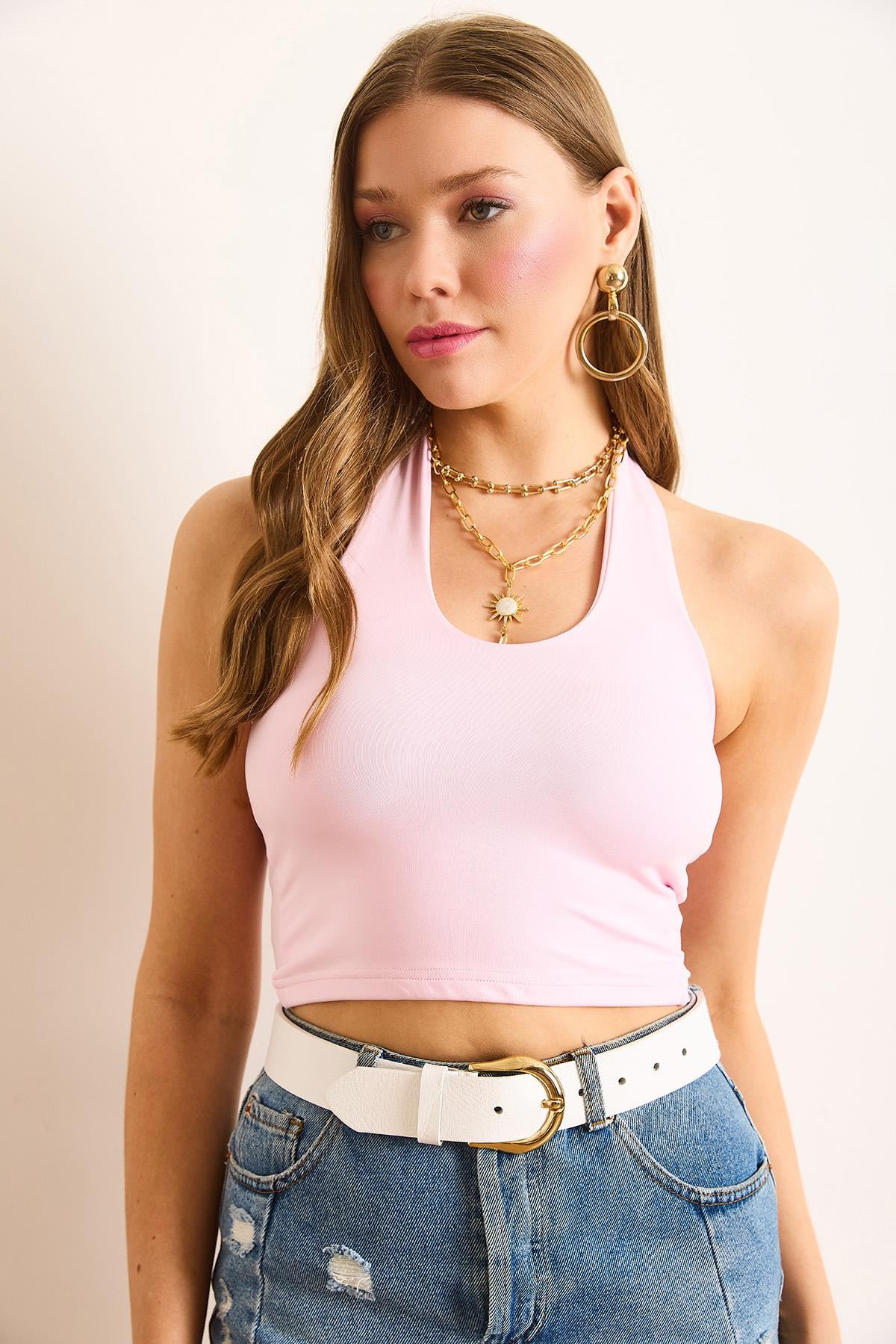 Boyundan Askılı Crop Polyamid Bluz Pembe