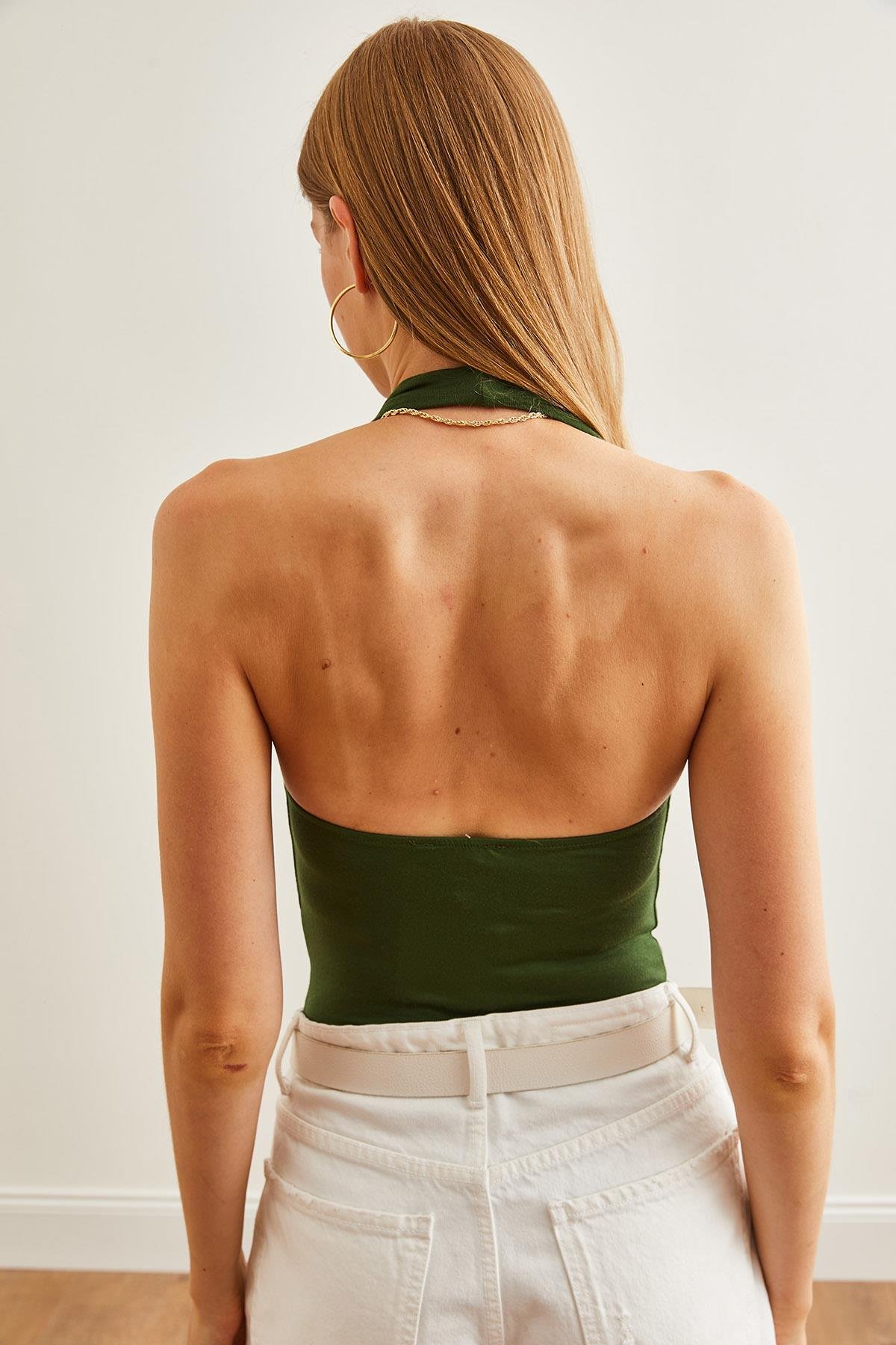 Boyundan Askılı Degaje Yaka Altı Çıtçıtlı Bodysuit Yeşil