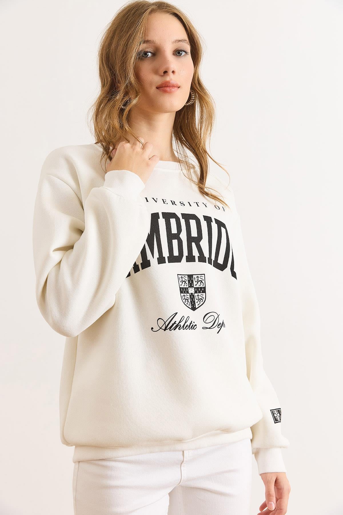 Cambridge Baskılı Şardonlu Kalın Sweatshirt Beyaz