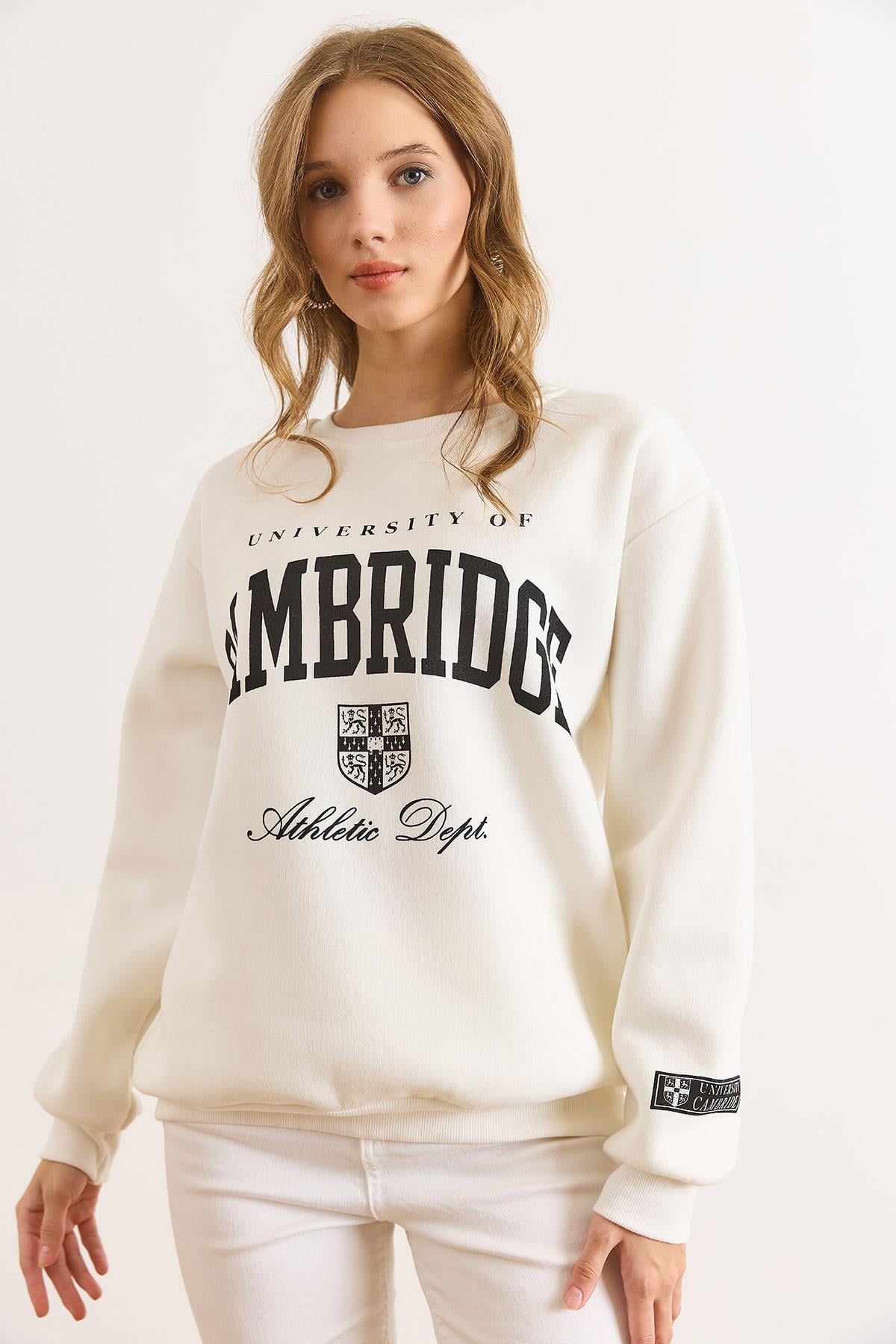 Cambridge Baskılı Şardonlu Kalın Sweatshirt Beyaz