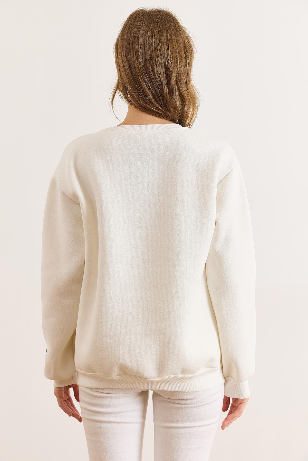 Cambridge Baskılı Şardonlu Kalın Sweatshirt Beyaz