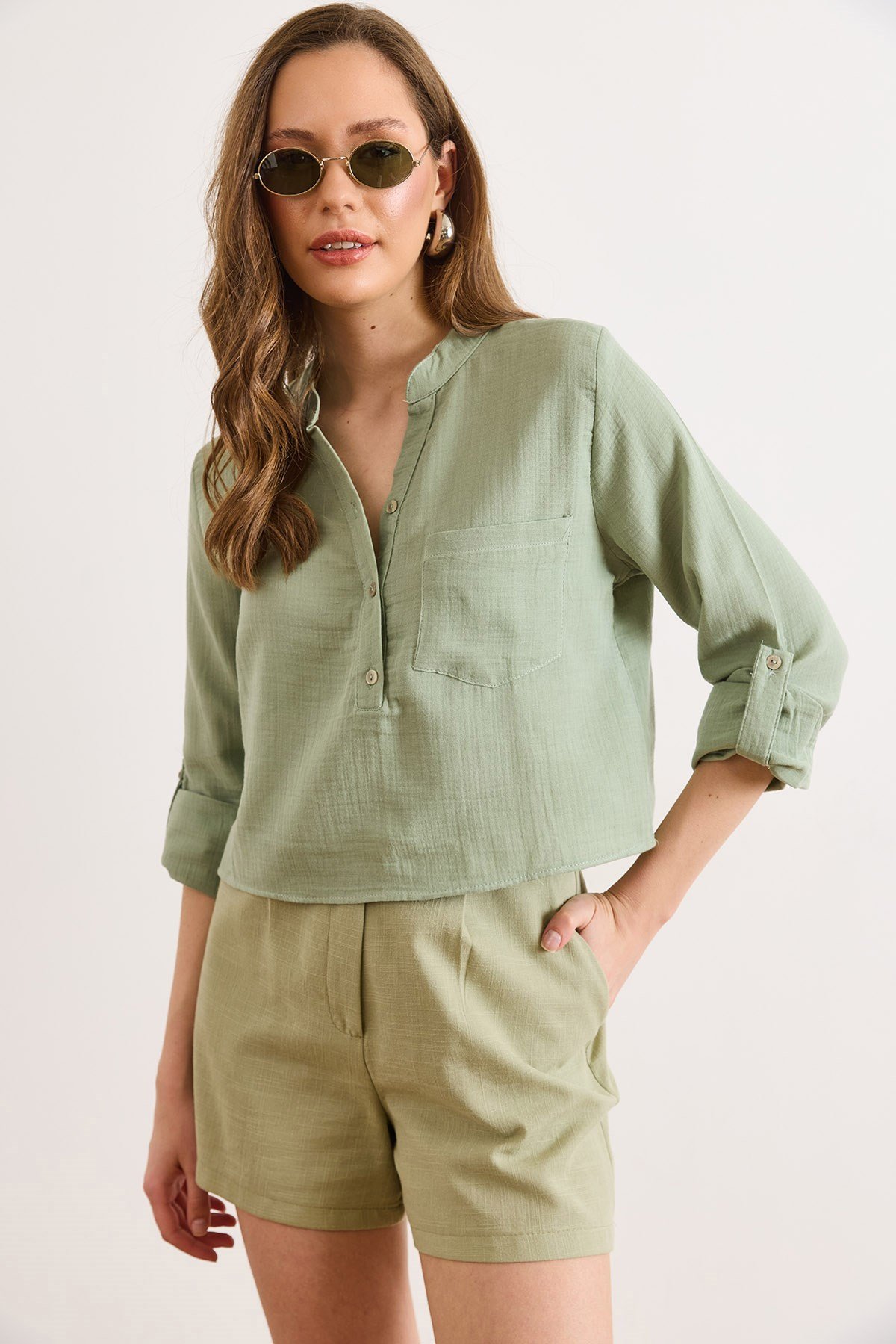 Cepli Crop Müslin Bluz Çağla Yeşili