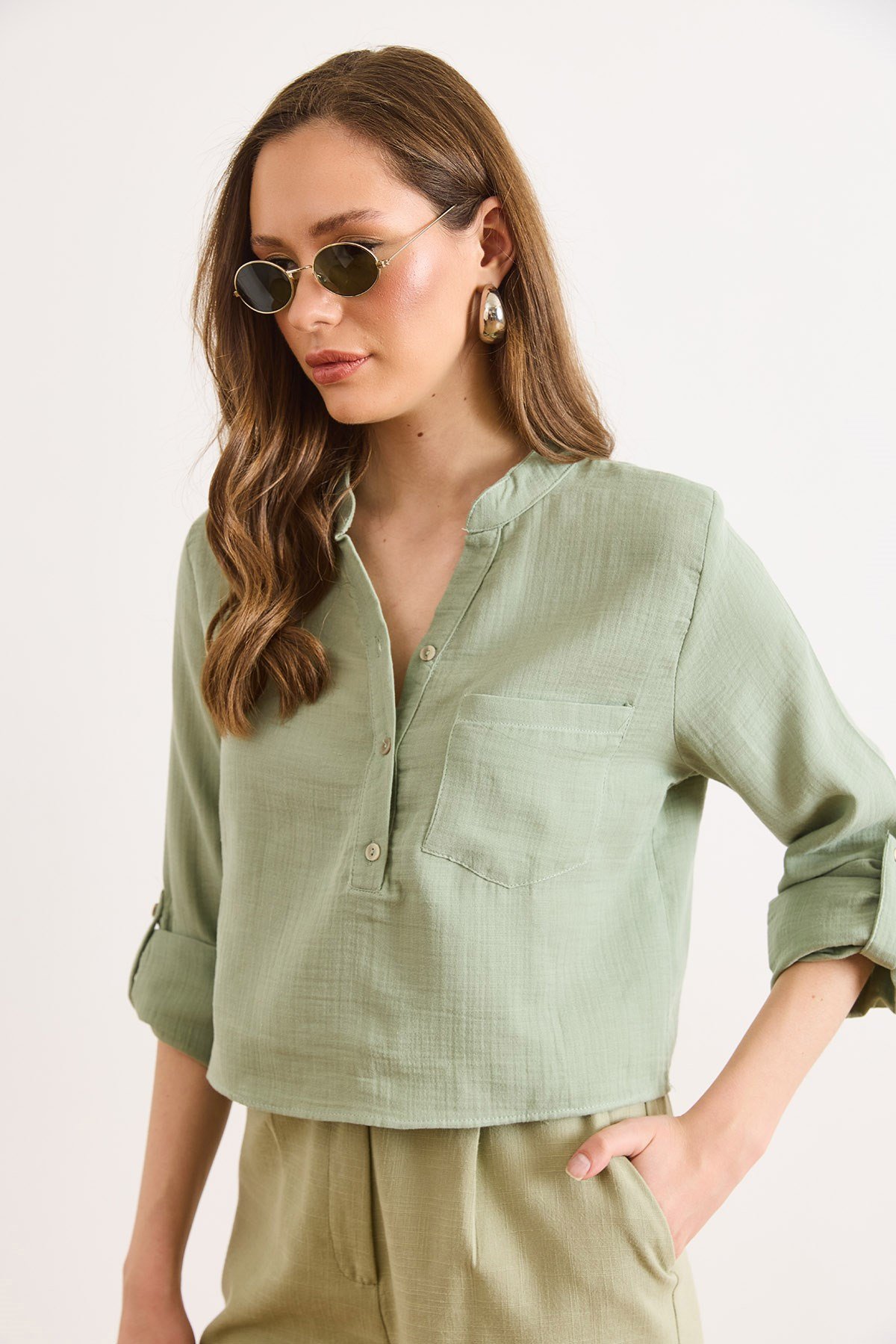 Cepli Crop Müslin Bluz Çağla Yeşili