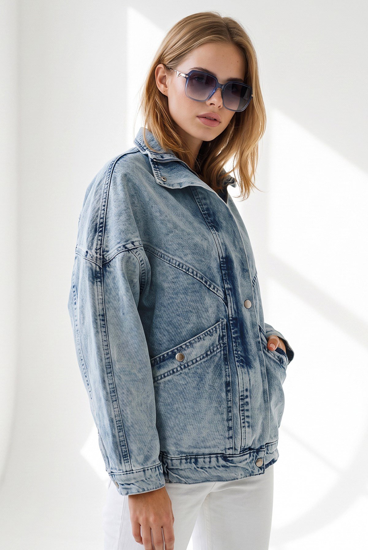 Cepli Fermuarlı Çıtçıtlı Uzun Denim Ceket Açık Mavi