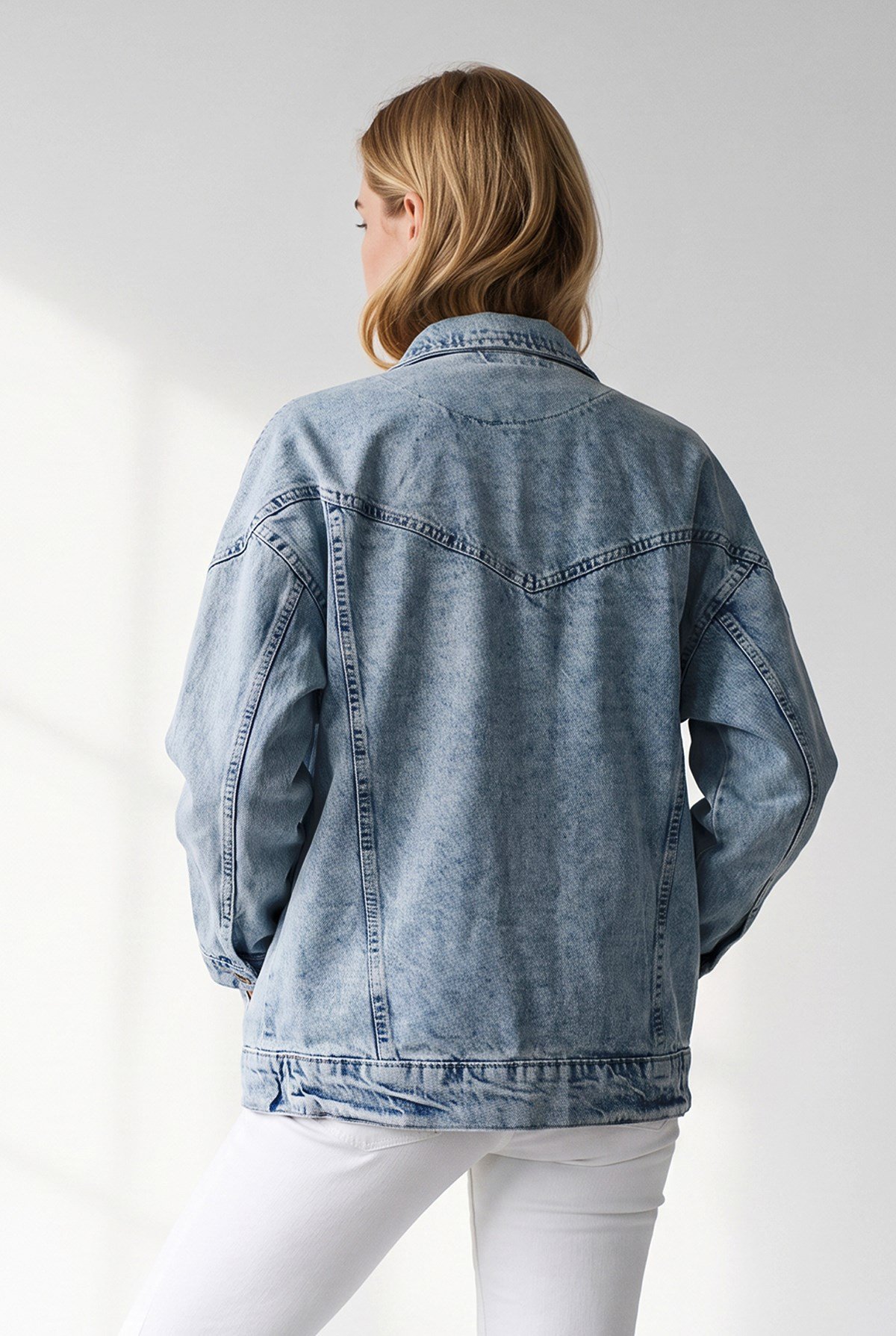 Cepli Fermuarlı Çıtçıtlı Uzun Denim Ceket Açık Mavi