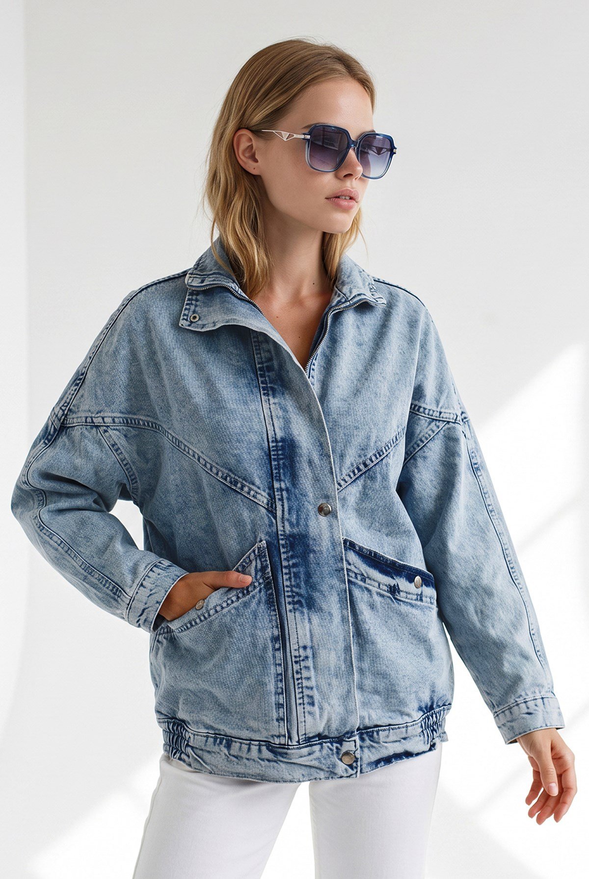 Cepli Fermuarlı Çıtçıtlı Uzun Denim Ceket Açık Mavi