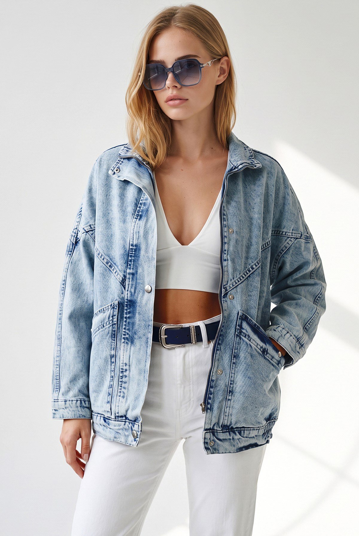 Cepli Fermuarlı Çıtçıtlı Uzun Denim Ceket Açık Mavi
